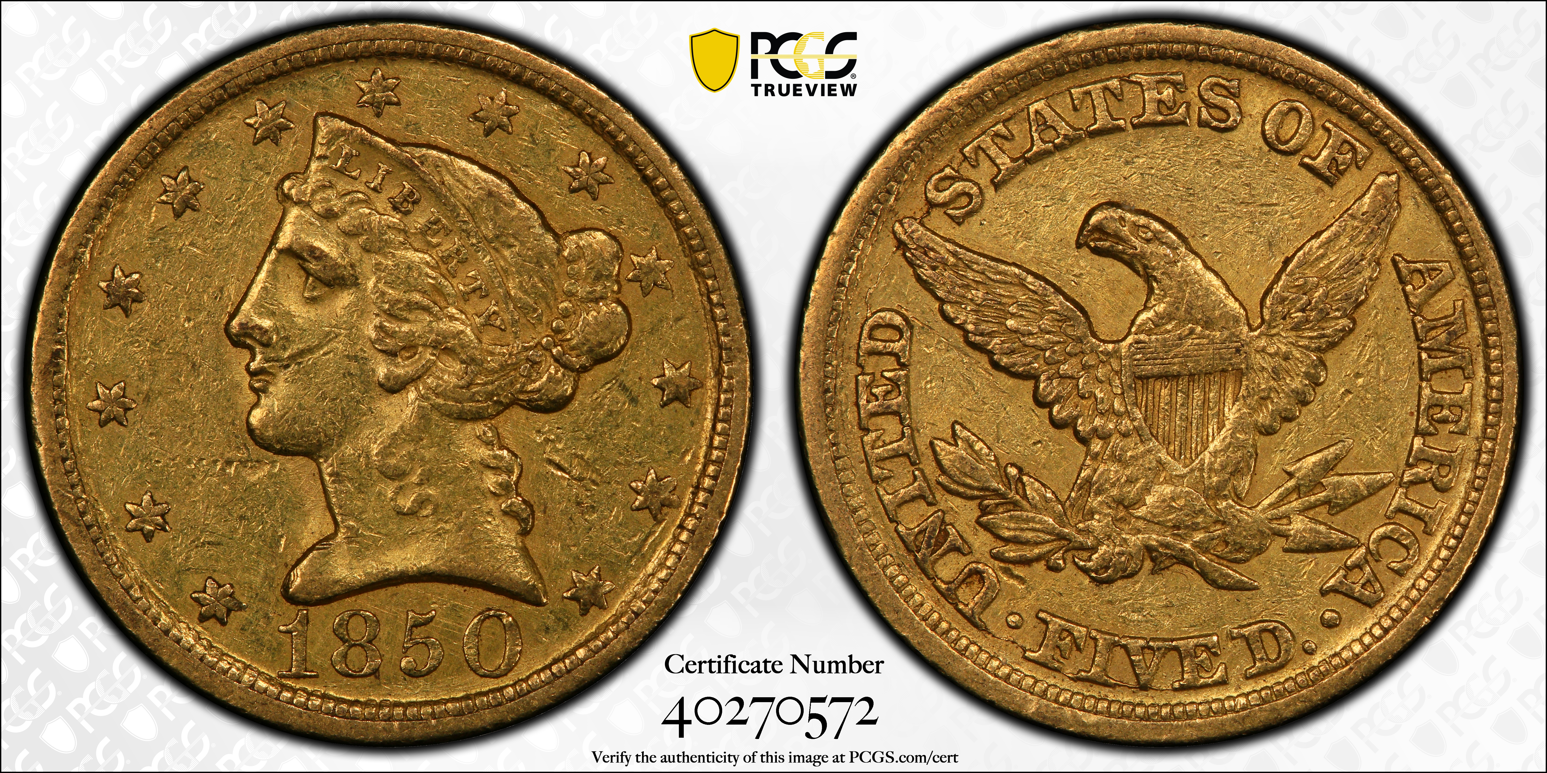 image for: 1850-D Liberty Head Half Eagle. Winter 23-O. Weak D. EF-45 (PCGS).