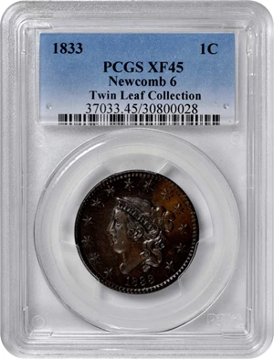 image for: 1833 Matron Head Cent. N-6. Rarity-1. EF-45 (PCGS).
