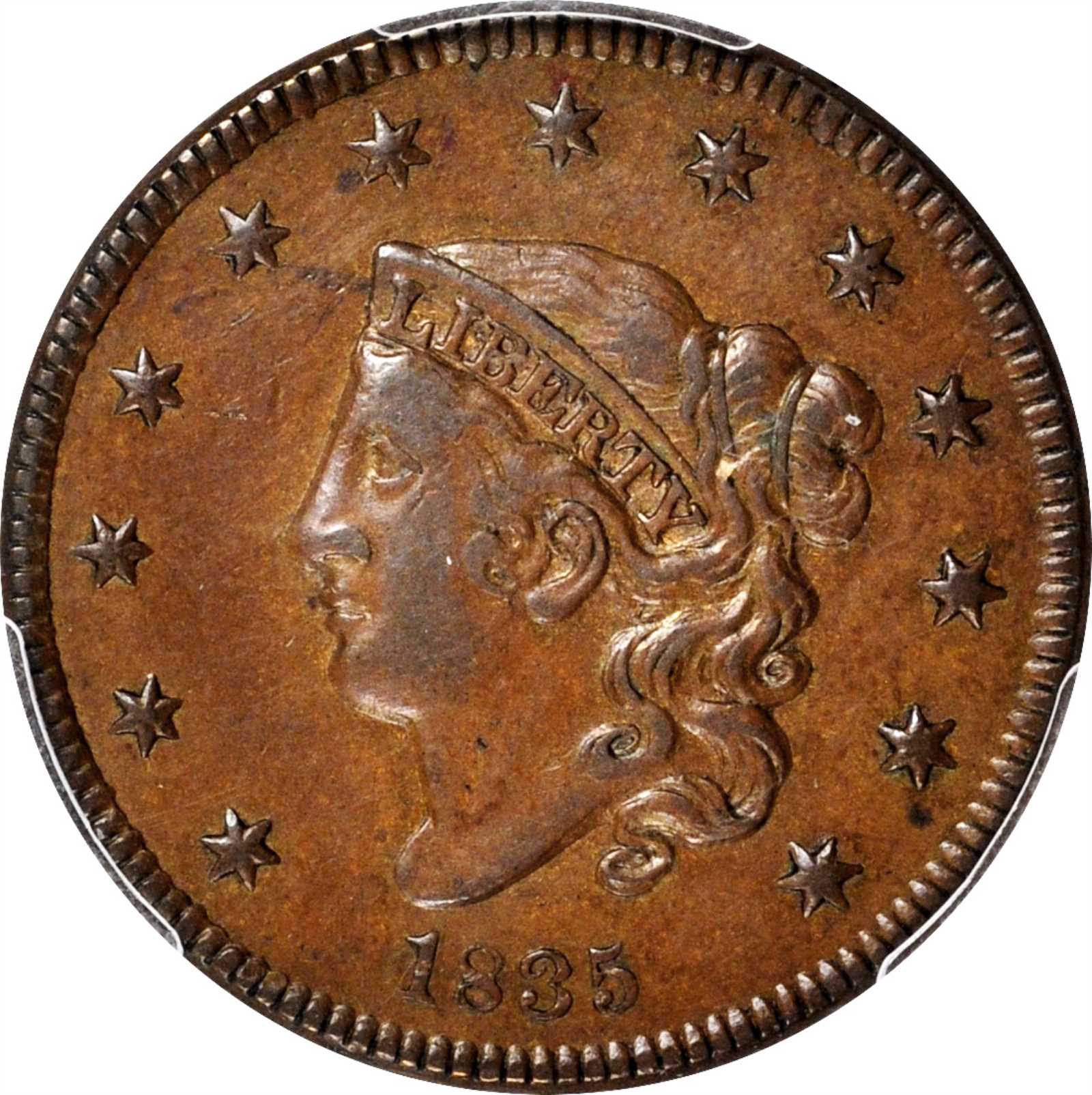 image for: 1835 Matron Head Cent. N-6. Rarity-1. Small 8 and Stars. AU-55 (PCGS). CAC.