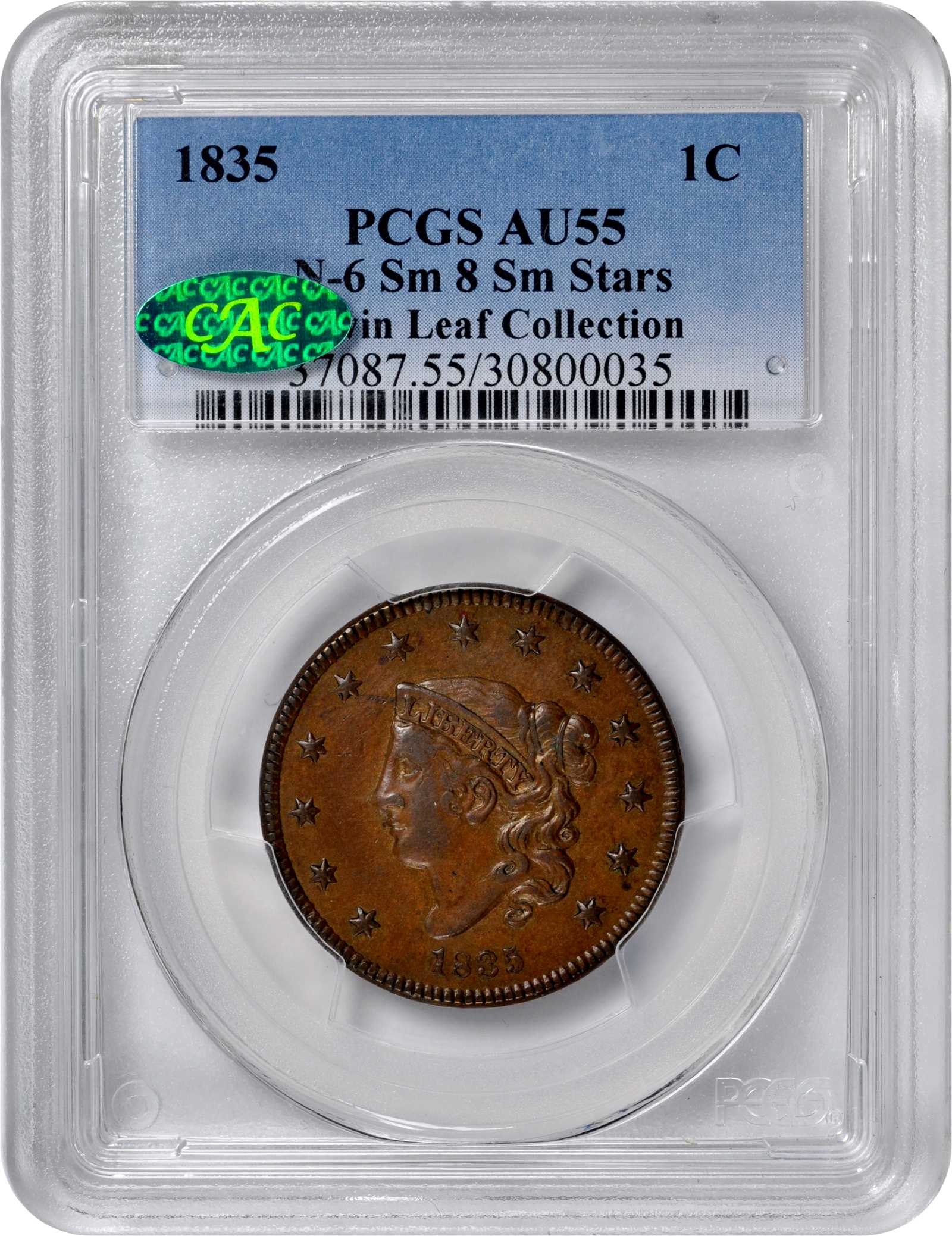 image for: 1835 Matron Head Cent. N-6. Rarity-1. Small 8 and Stars. AU-55 (PCGS). CAC.