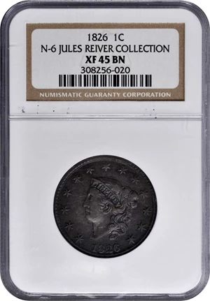 image for: 1826 Matron Head Cent. N-6. Rarity-2. EF-45 BN (NGC).