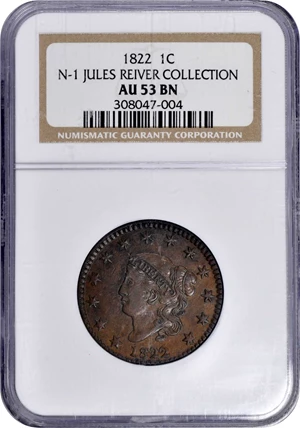 image for: 1822 Matron Head Cent. N-1. Rarity-3. AU-53 BN (NGC).