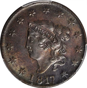 image for: 1817 Matron Head Cent. N-14. Rarity-1. 13 Stars. AU-58 (PCGS).