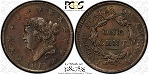 image for: 1817 Matron Head Cent. N-14. Rarity-1. 13 Stars. AU-58 (PCGS).