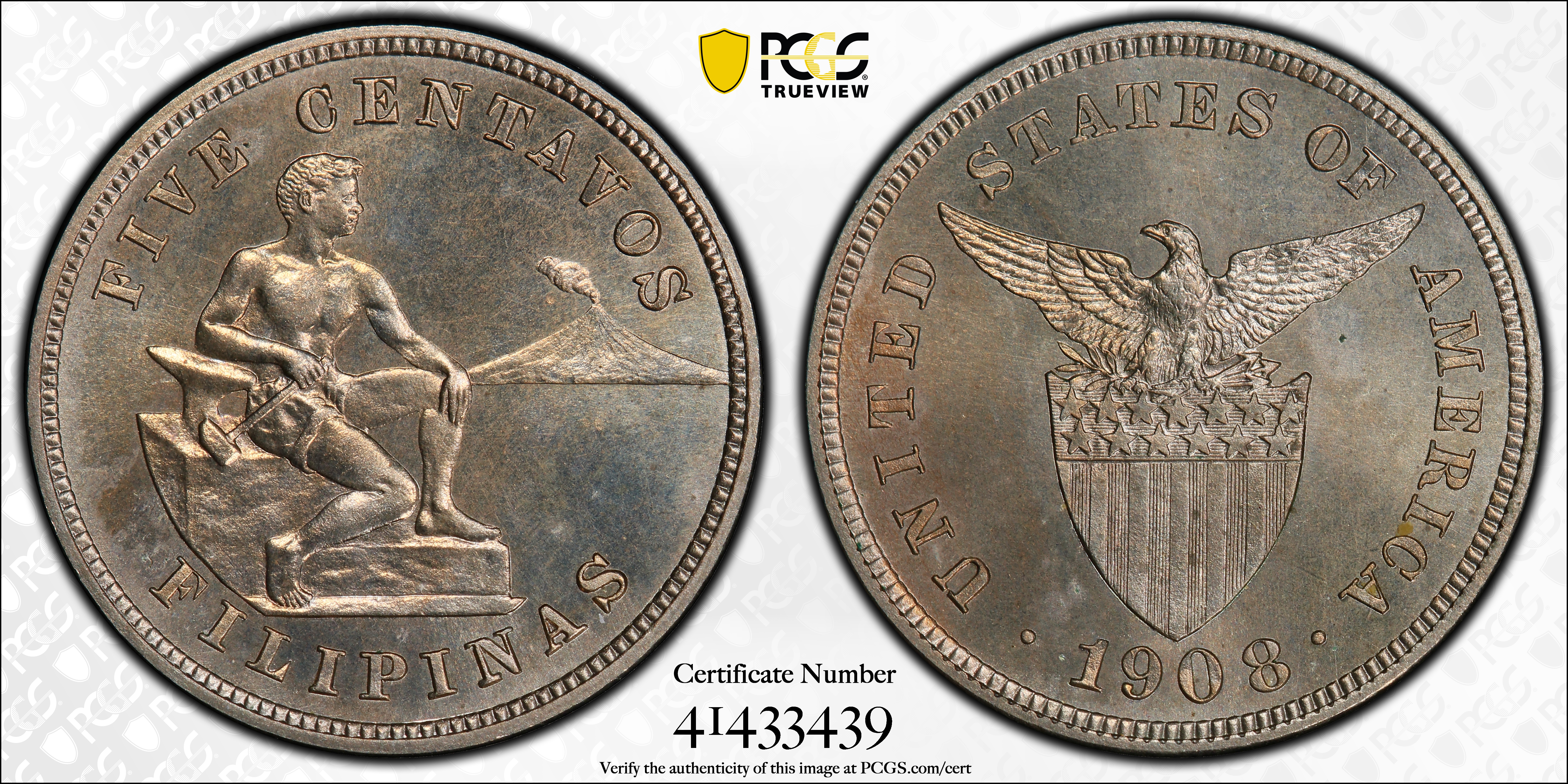 image for: 1908 Five Centavos. Proof-64 (PCGS).
