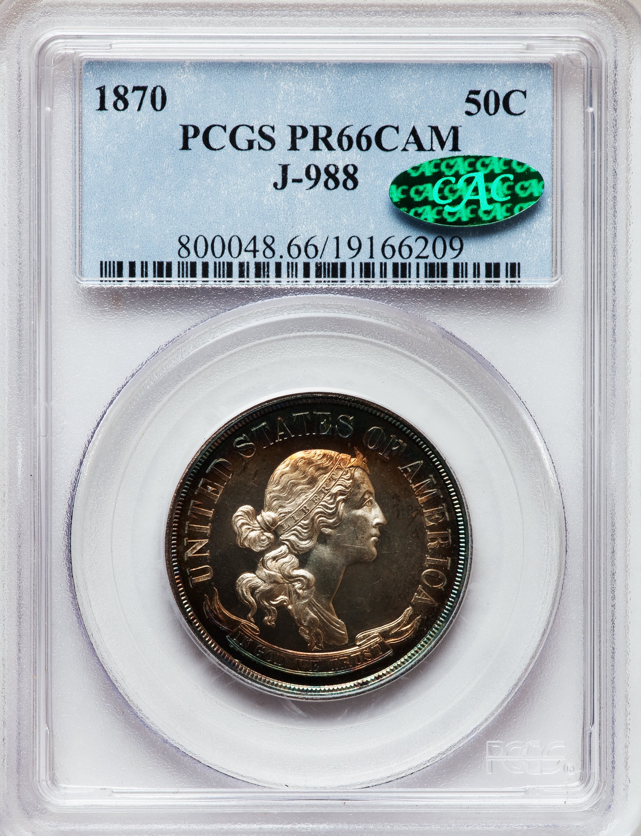 image for: 1870 50C Standard Silver Half, Judd-988, Pollock-1117, High R.7 PR66 Cameo PCGS. CAC....
