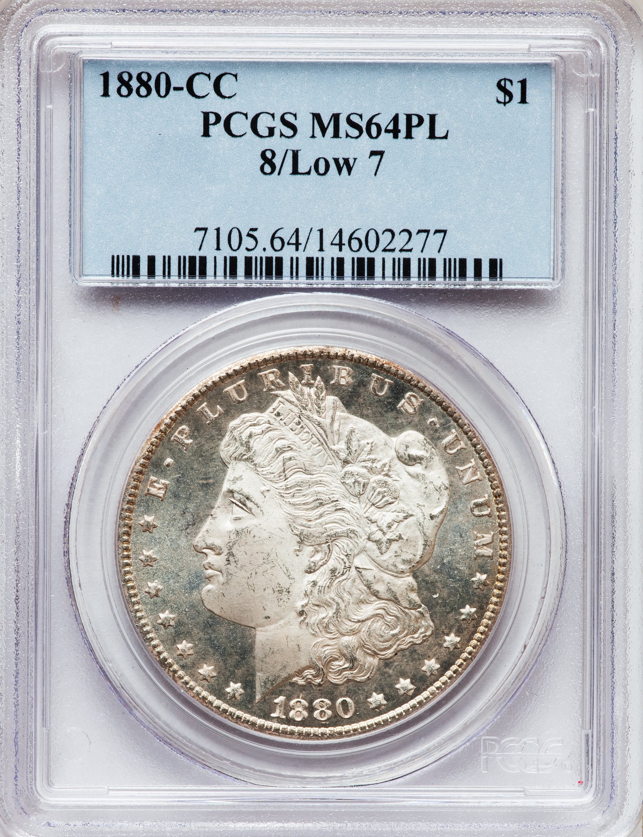 1880-CC $1 8 Over Low 7 MS64 Prooflike PCGS. PCGS Population (32/23). NGC Census: (0/0). (#7105)...