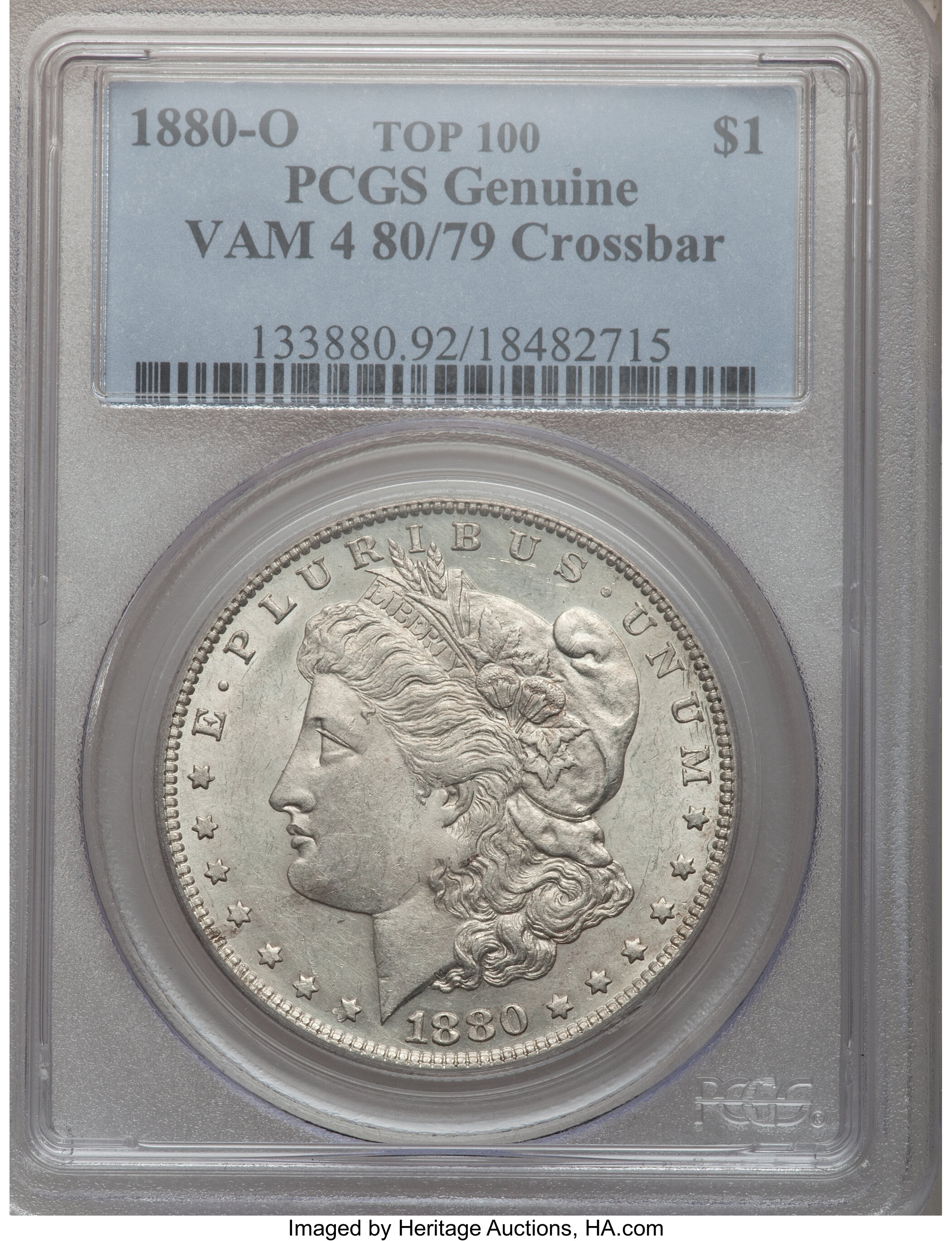 1880-O $1 80/79 Genuine PCGS. Top-100, Vam-4 Crossbar. The PCGS number ending in .92 suggests cleaning as the reason, or pe...