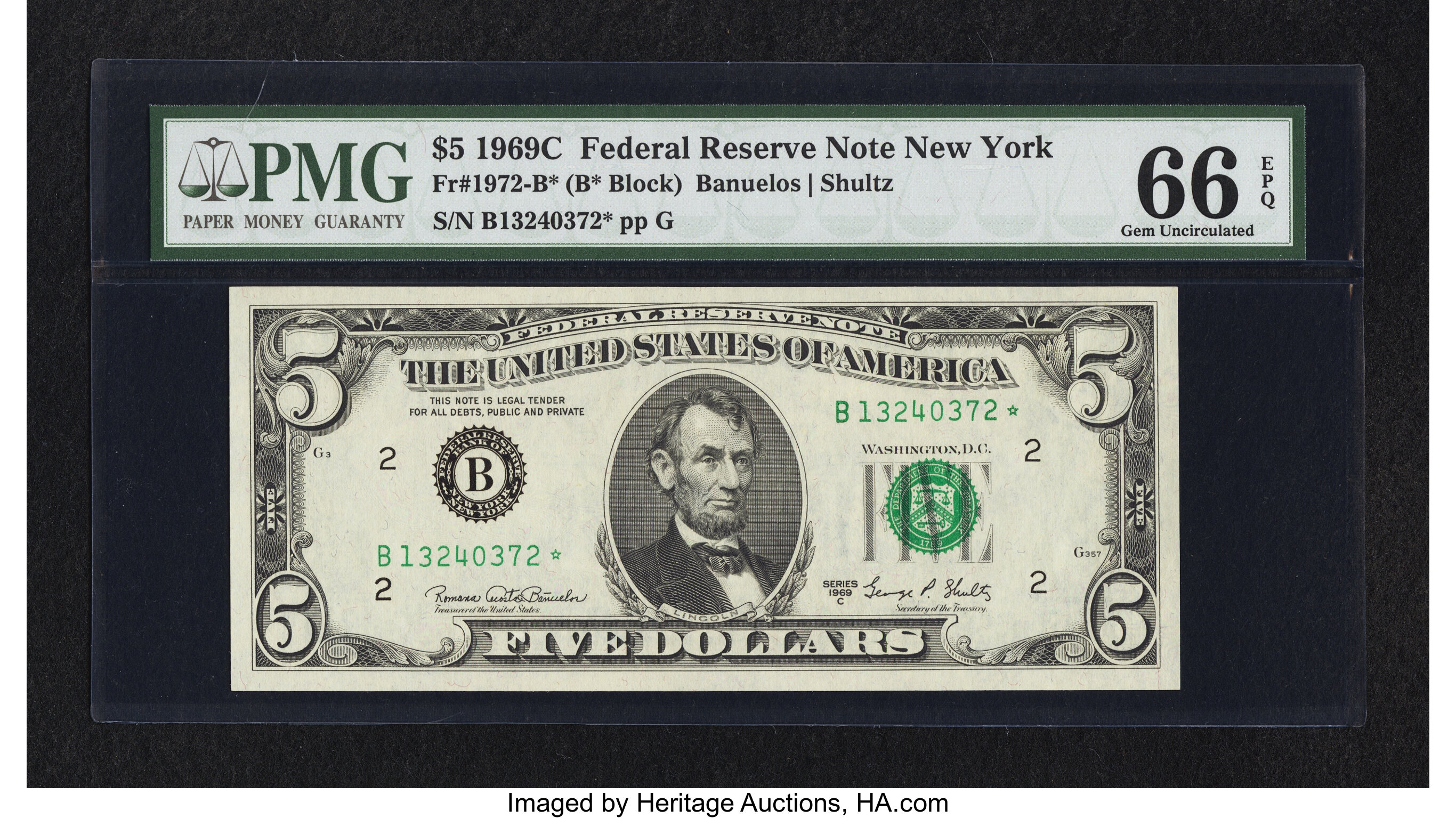 image for: Fr. 1972-B* $5 1969C Federal Reserve Star Note. PMG Gem Uncirculated 66 EPQ....