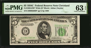 image for: Fr. 1959-DW*. 1934C $5 Federal Reserve Star Note. Wide. Cleveland. PMG Choice Uncirculated 63 EPQ.