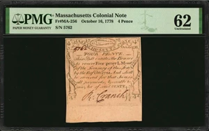 image for: MA-256. Massachusetts. October 16, 1778. 4 Pence. PMG Uncirculated 62.