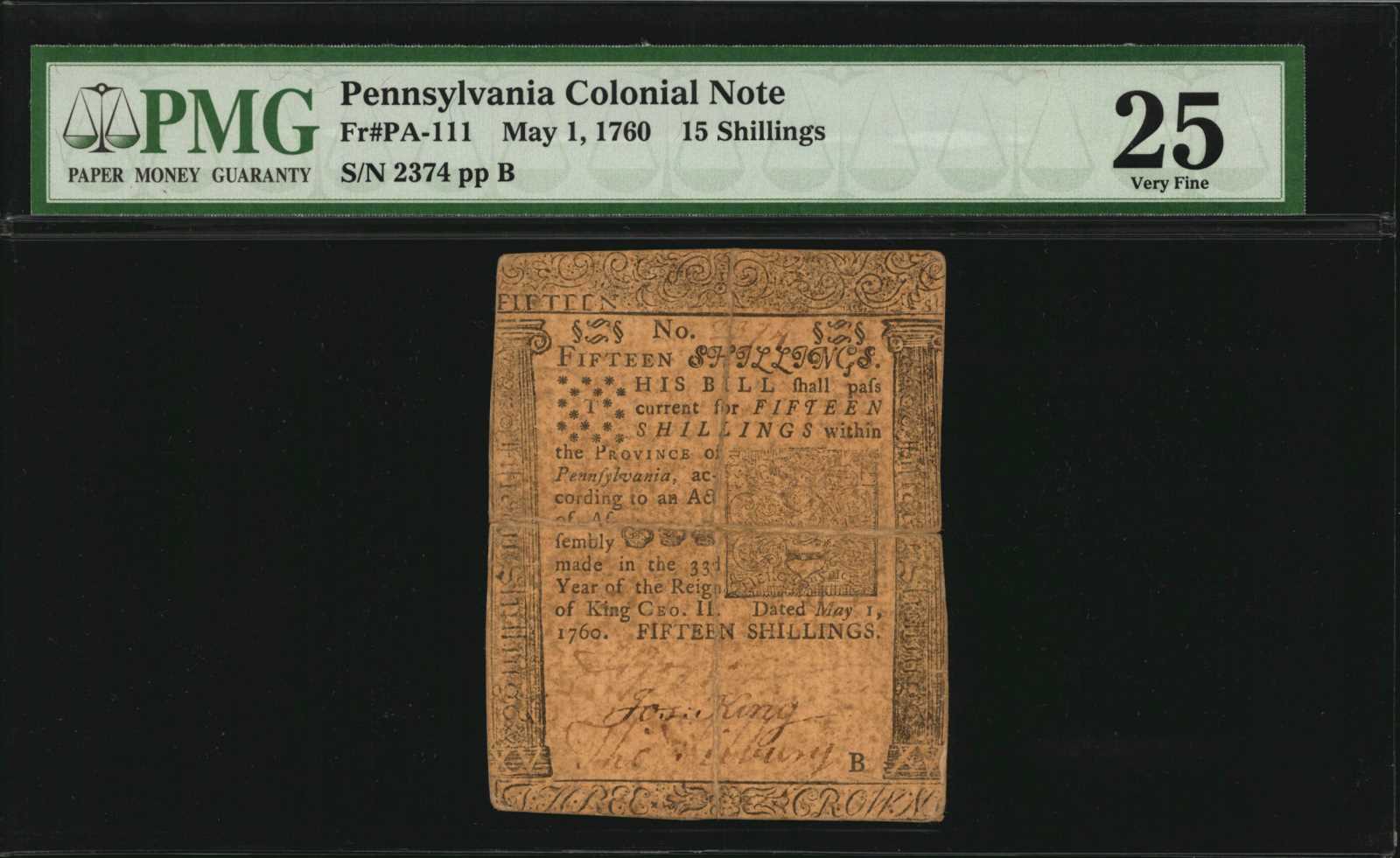image for: PA-111. Pennsylvania. May 1, 1760. 15 Shillings. PMG Very Fine 25.
