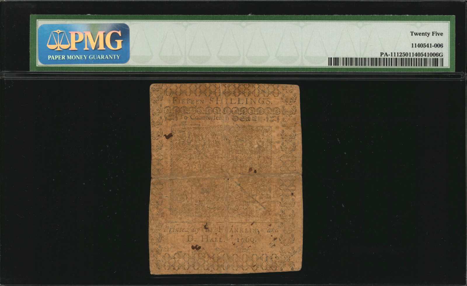 image for: PA-111. Pennsylvania. May 1, 1760. 15 Shillings. PMG Very Fine 25.