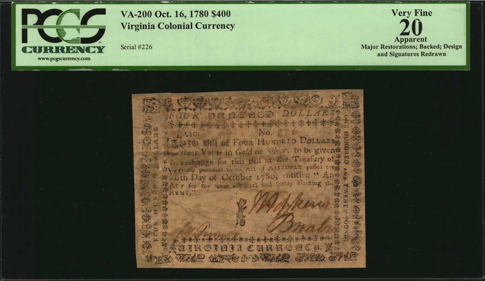 image for: VA-200. Virginia. October 16, 1780. $400. PCGS Currency Very Fine 20 Apparent. Major Restorations; Backed; Design and Signatures Redrawn.