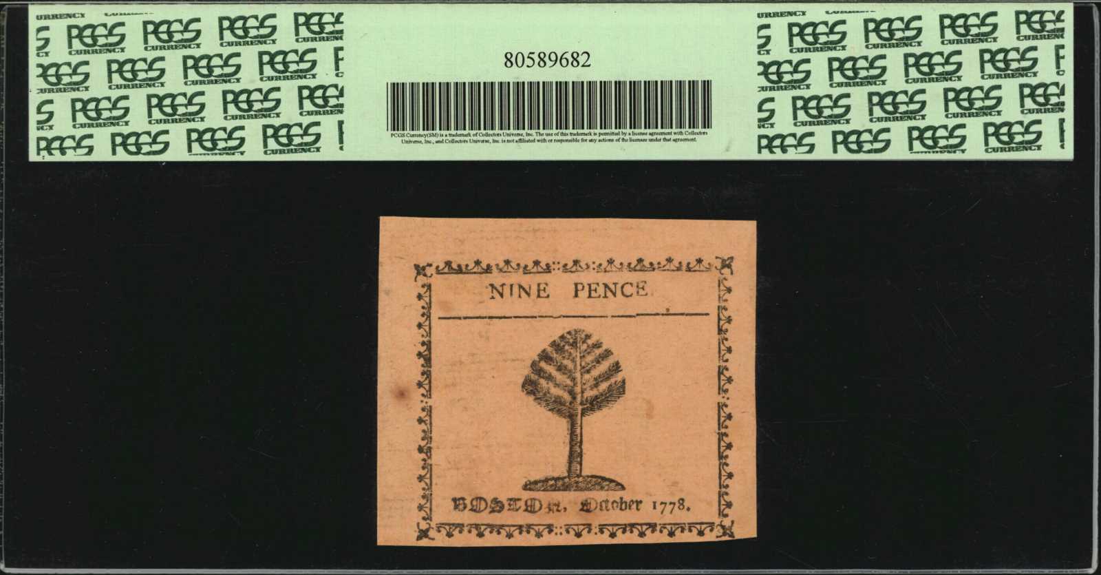 image for: MA-259. Massachusetts. October 16, 1778. 9 Pence. PCGS Currency New 62.