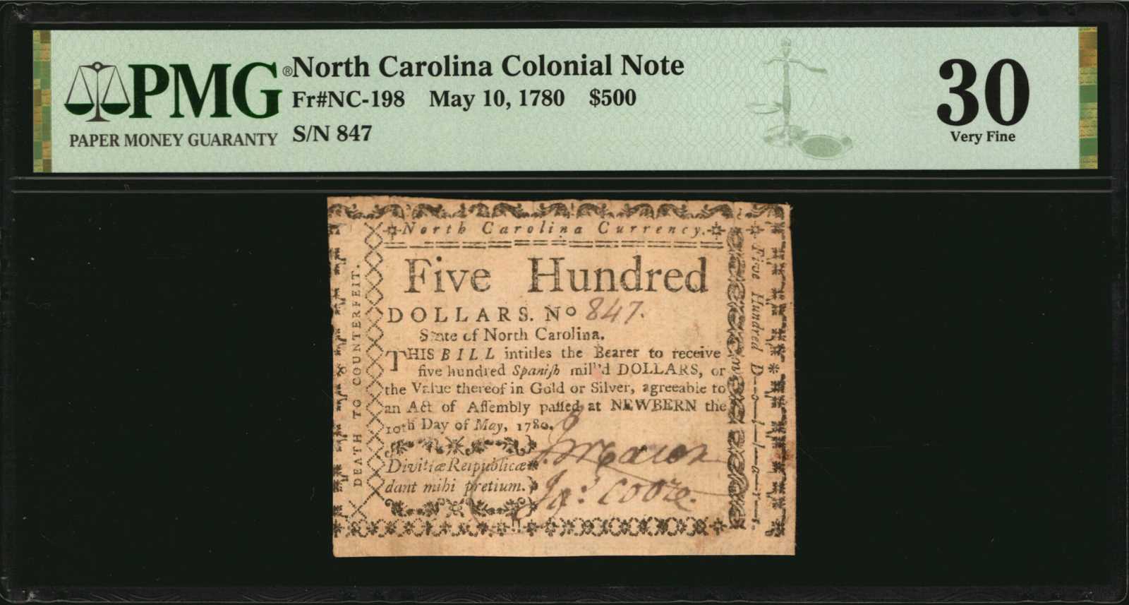 image for: NC-198. North Carolina. May 10, 1780. $500. PMG Very Fine 30.