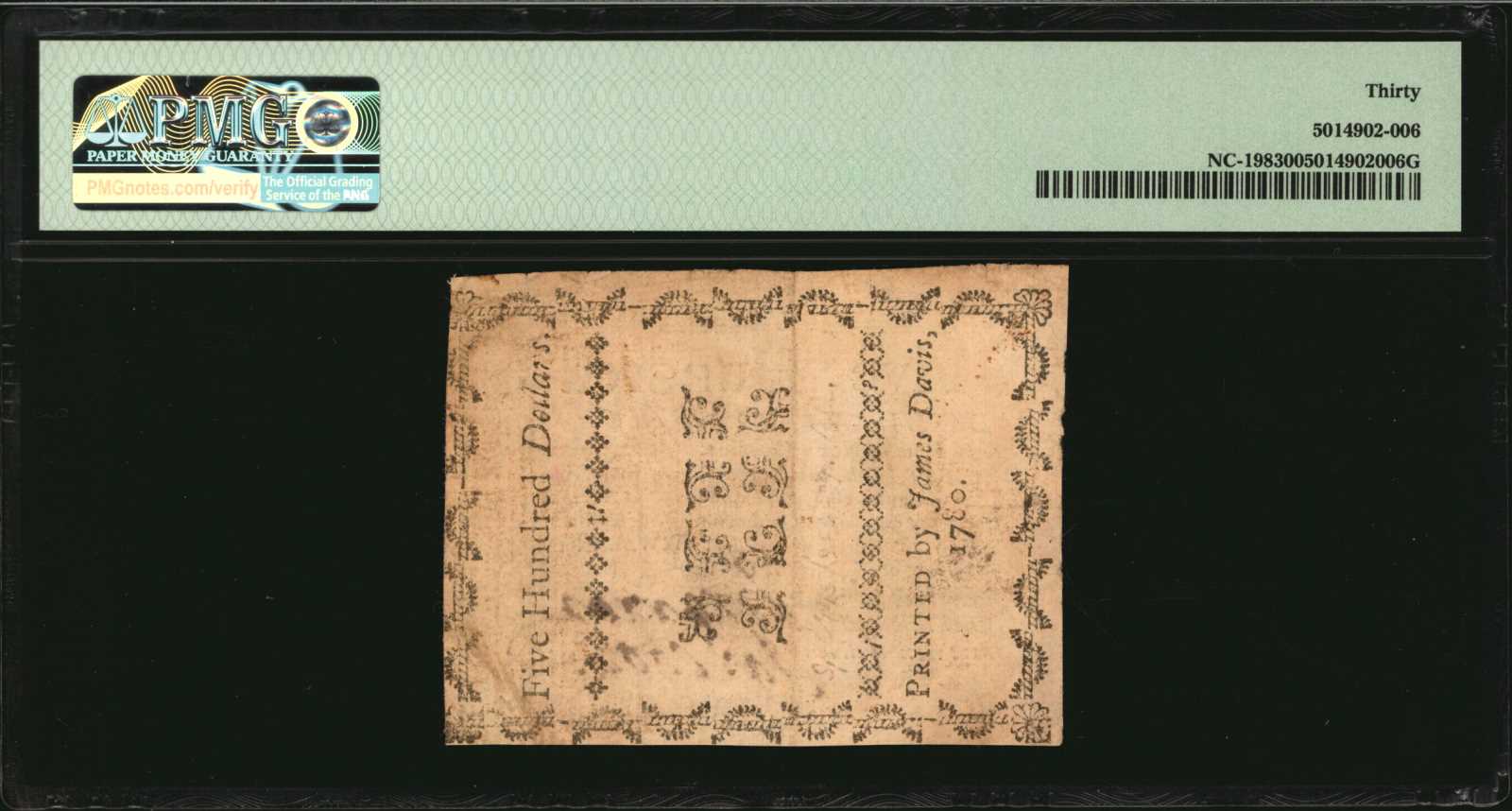 image for: NC-198. North Carolina. May 10, 1780. $500. PMG Very Fine 30.