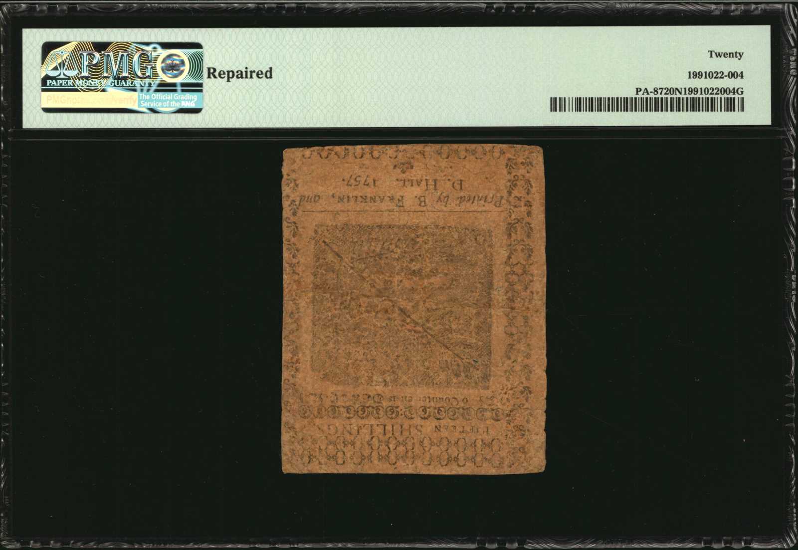 image for: PA-87. Pennsylvania. July 1, 1757. 15 Shillings. PMG Very Fine 20 Net. Repaired.