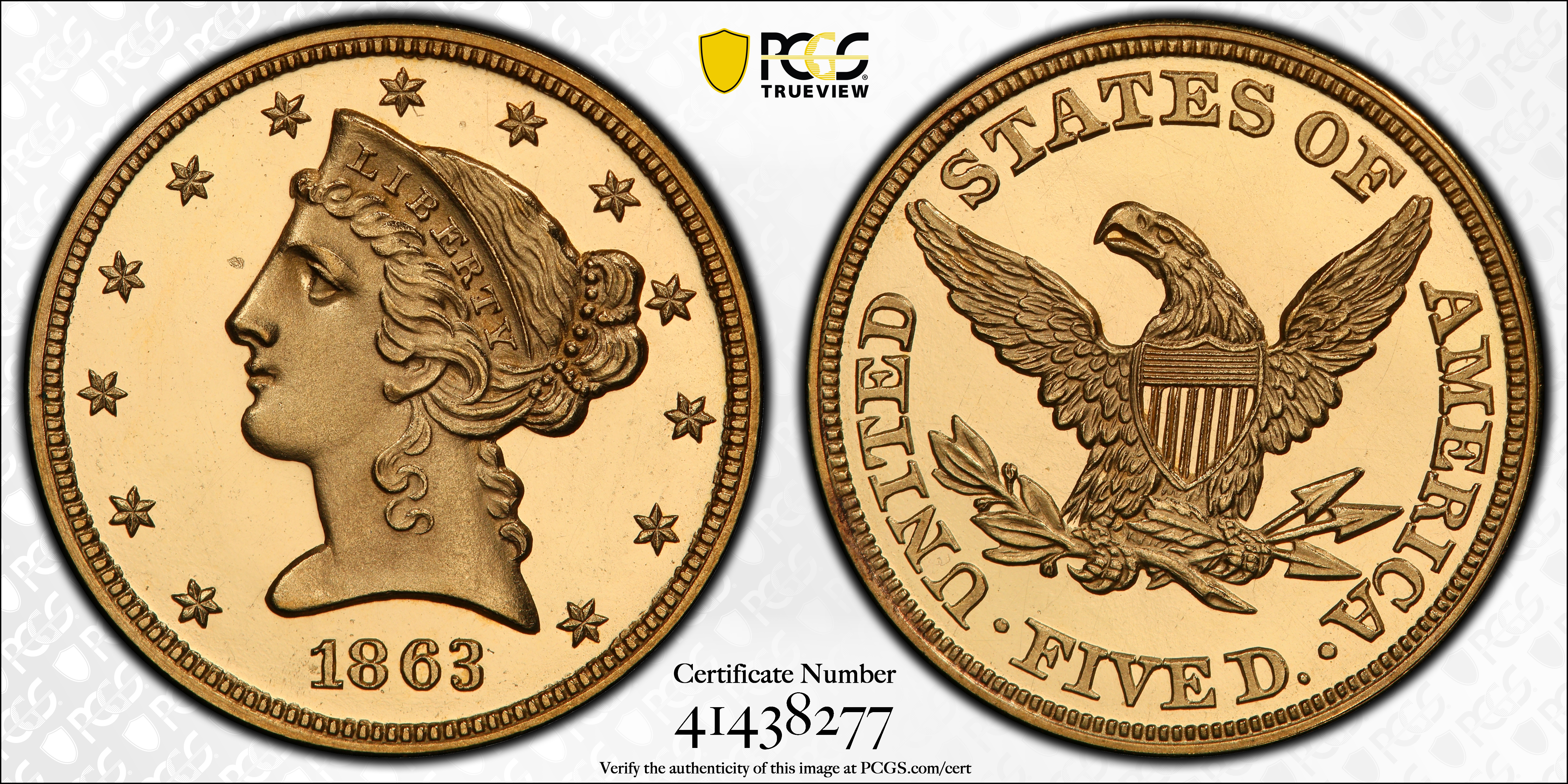 image for: 1863 Liberty Head Half Eagle. JD-1, the only known dies. Rarity-6+. Proof-64 Deep Cameo (PCGS).