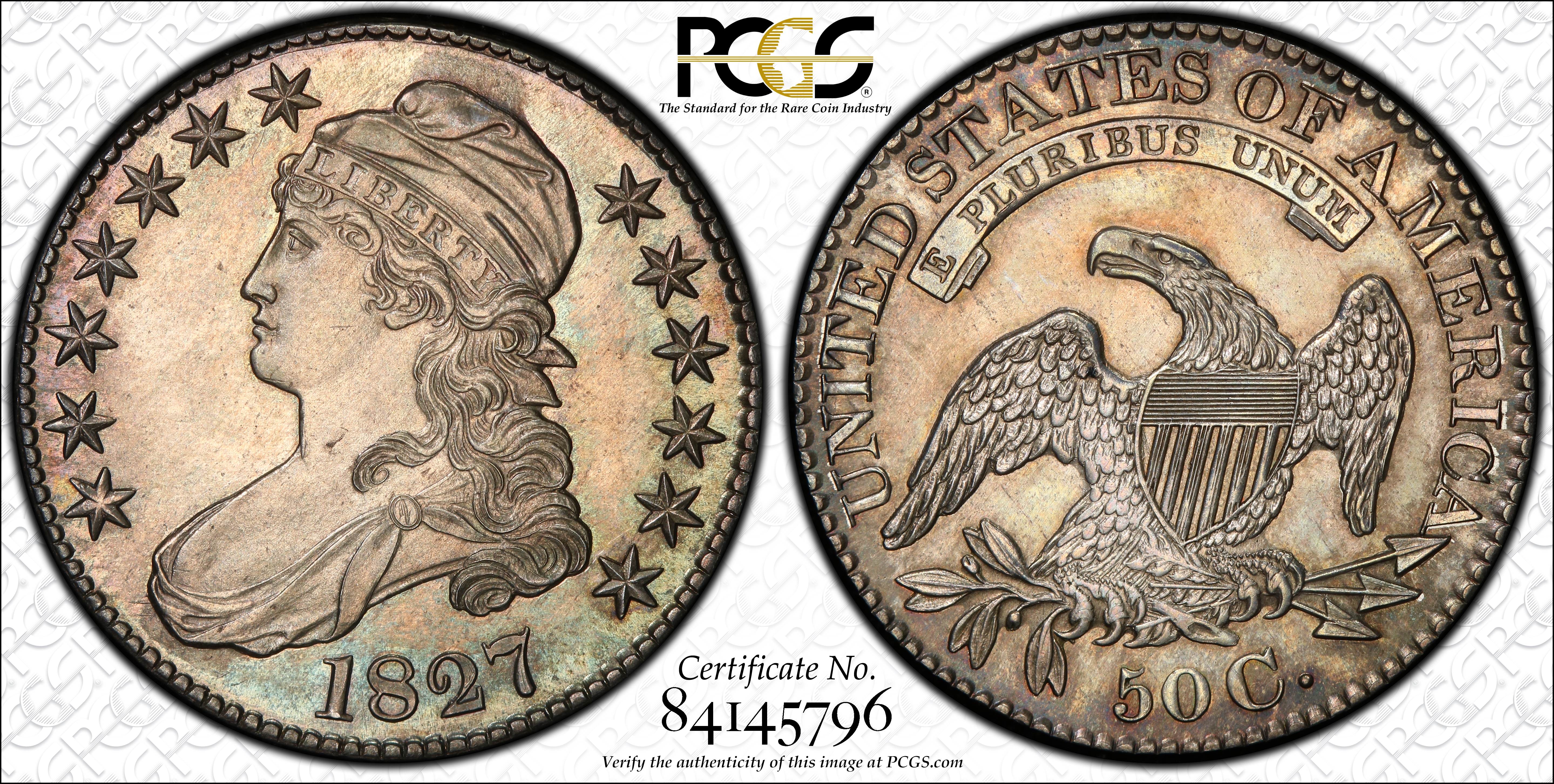image for: 1827 Capped Bust Half Dollar. O-121. Rarity-7+ as a Proof. Square Base 2. Proof-63 (PCGS).