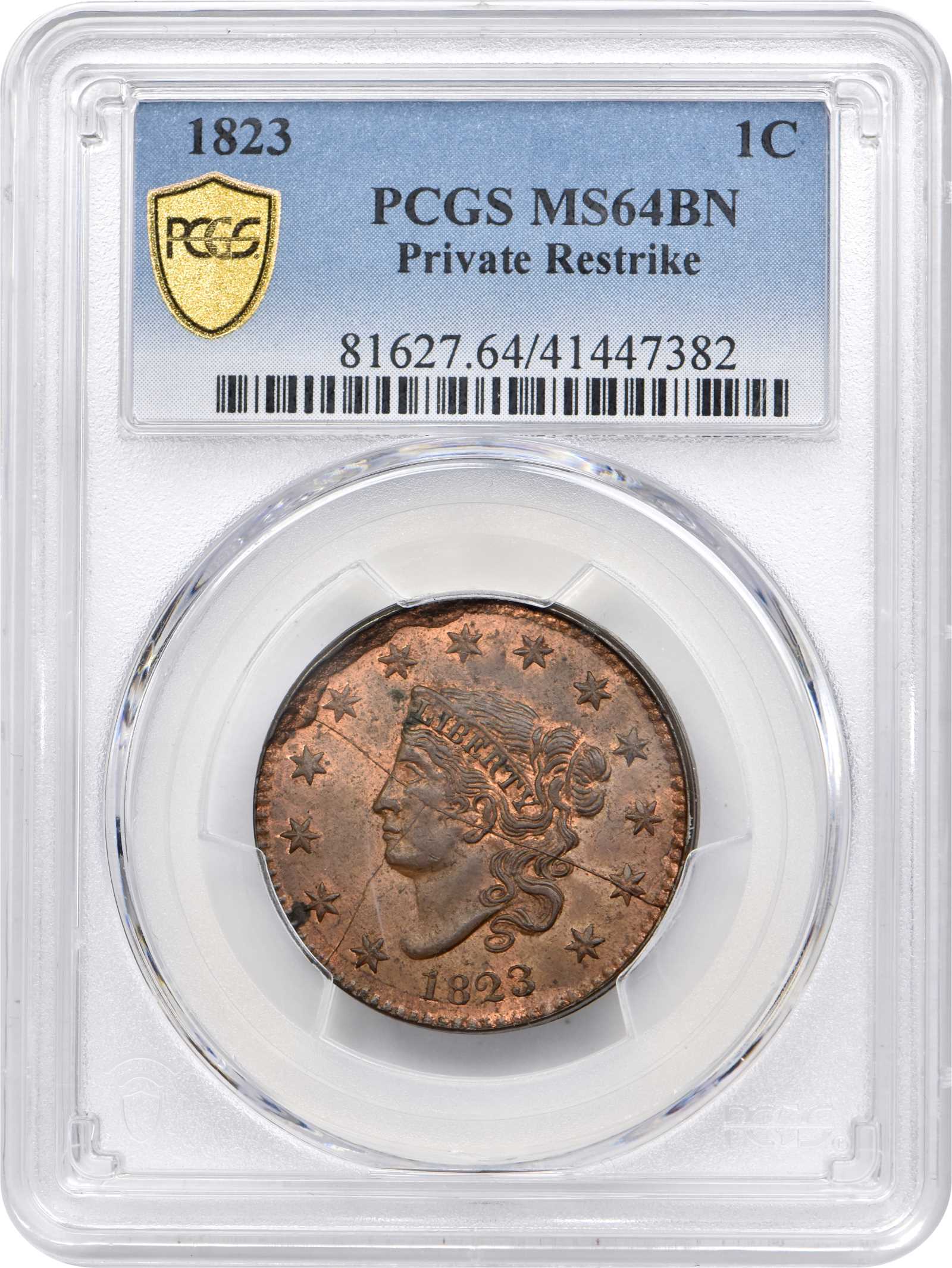 image for: 1823 Matron Head Cent. Private Restrike. Copper. MS-64 BN (PCGS).