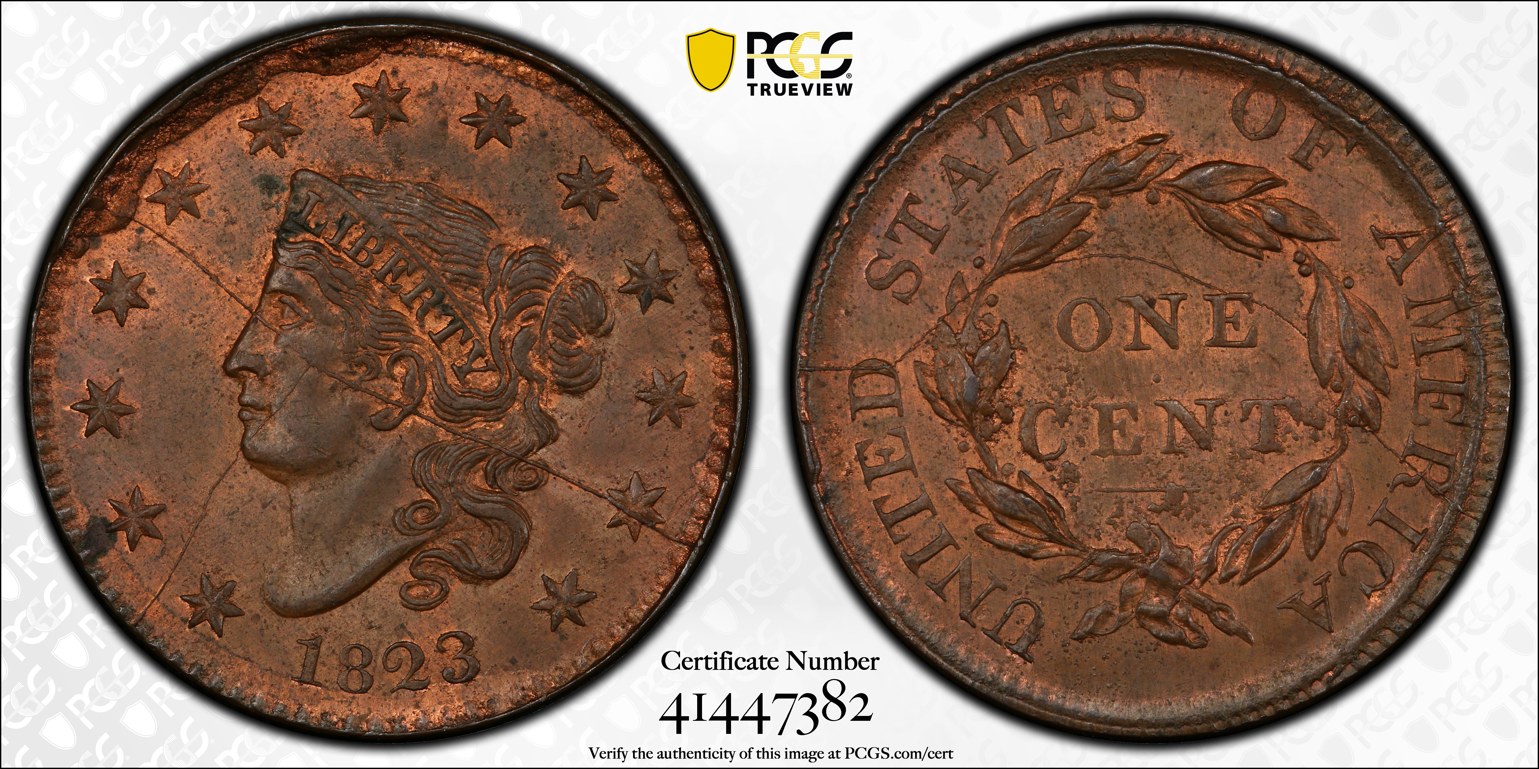 image for: 1823 Matron Head Cent. Private Restrike. Copper. MS-64 BN (PCGS).
