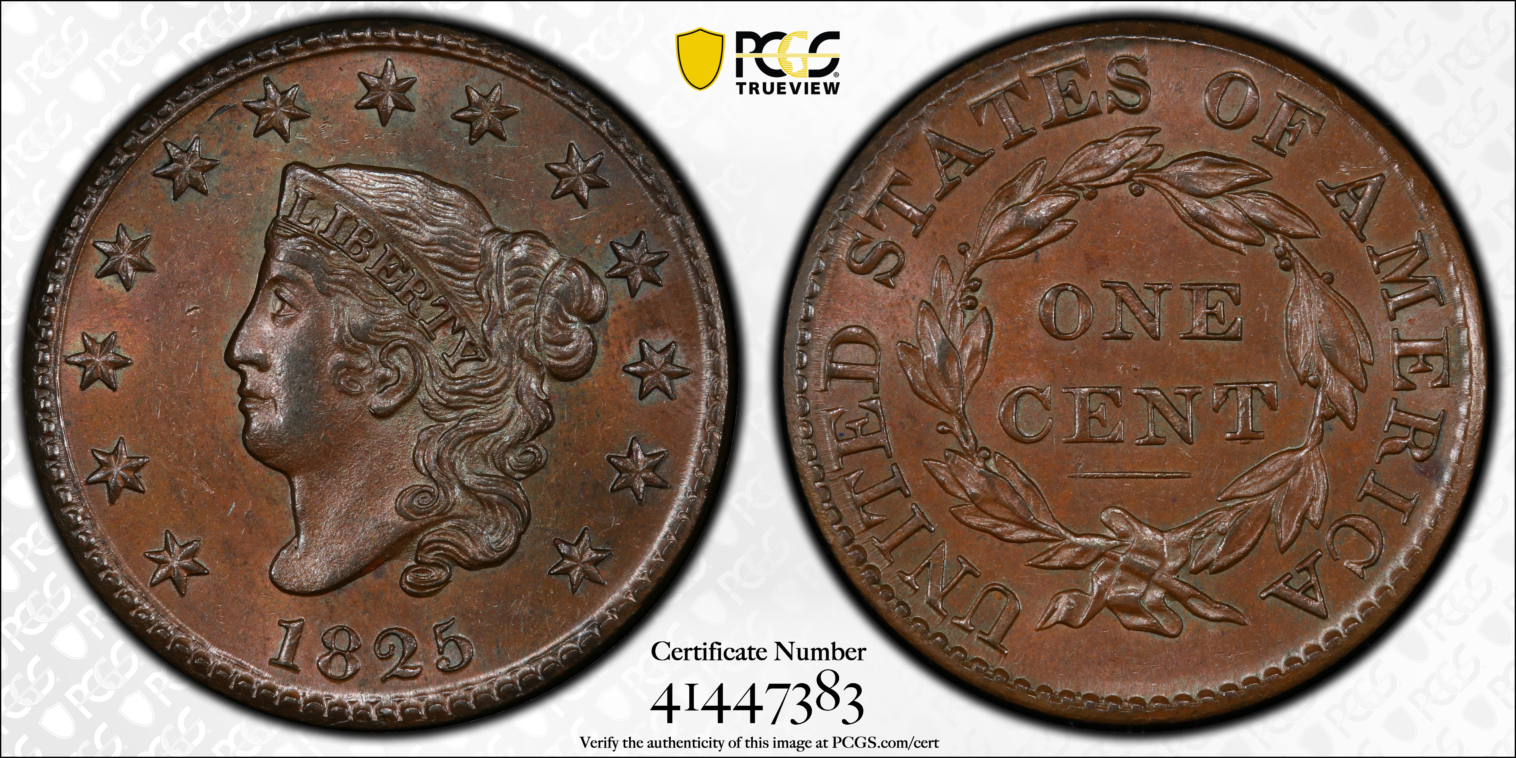 image for: 1825 Matron Head Cent. N-9. Rarity-2. MS-64 BN (PCGS).