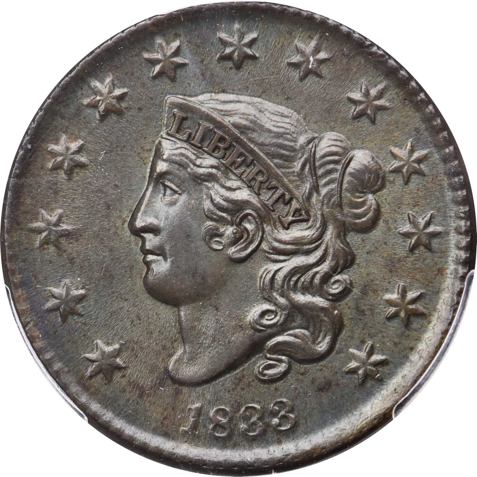 image for: 1833 Matron Head Cent. N-3. Rarity-1. MS-64 BN (PCGS).