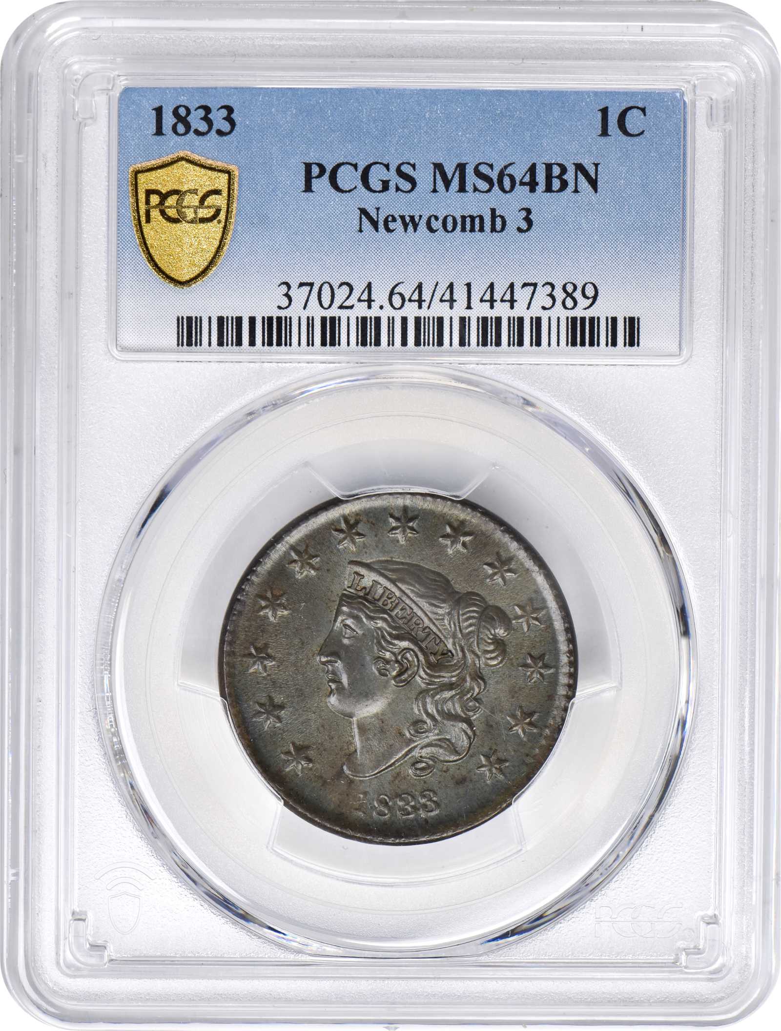 image for: 1833 Matron Head Cent. N-3. Rarity-1. MS-64 BN (PCGS).