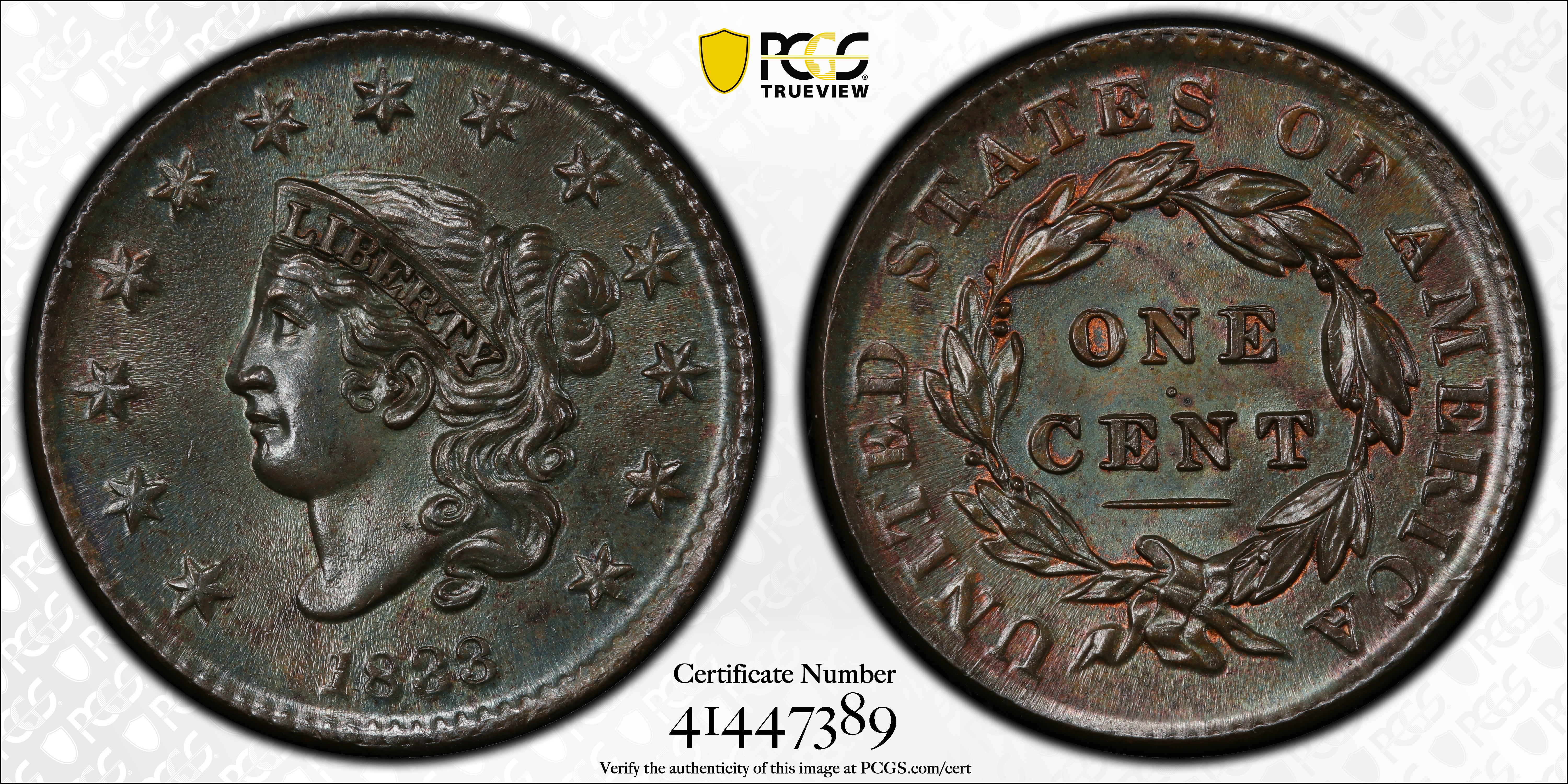 image for: 1833 Matron Head Cent. N-3. Rarity-1. MS-64 BN (PCGS).