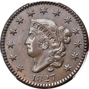 image for: 1827 Matron Head Cent. N-11. Rarity-1. MS-64 BN (PCGS).