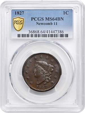 image for: 1827 Matron Head Cent. N-11. Rarity-1. MS-64 BN (PCGS).