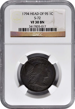 image for: 1794 Liberty Cap Cent. S-72. Rarity-2. Head of 1795. VF-30 BN (NGC).