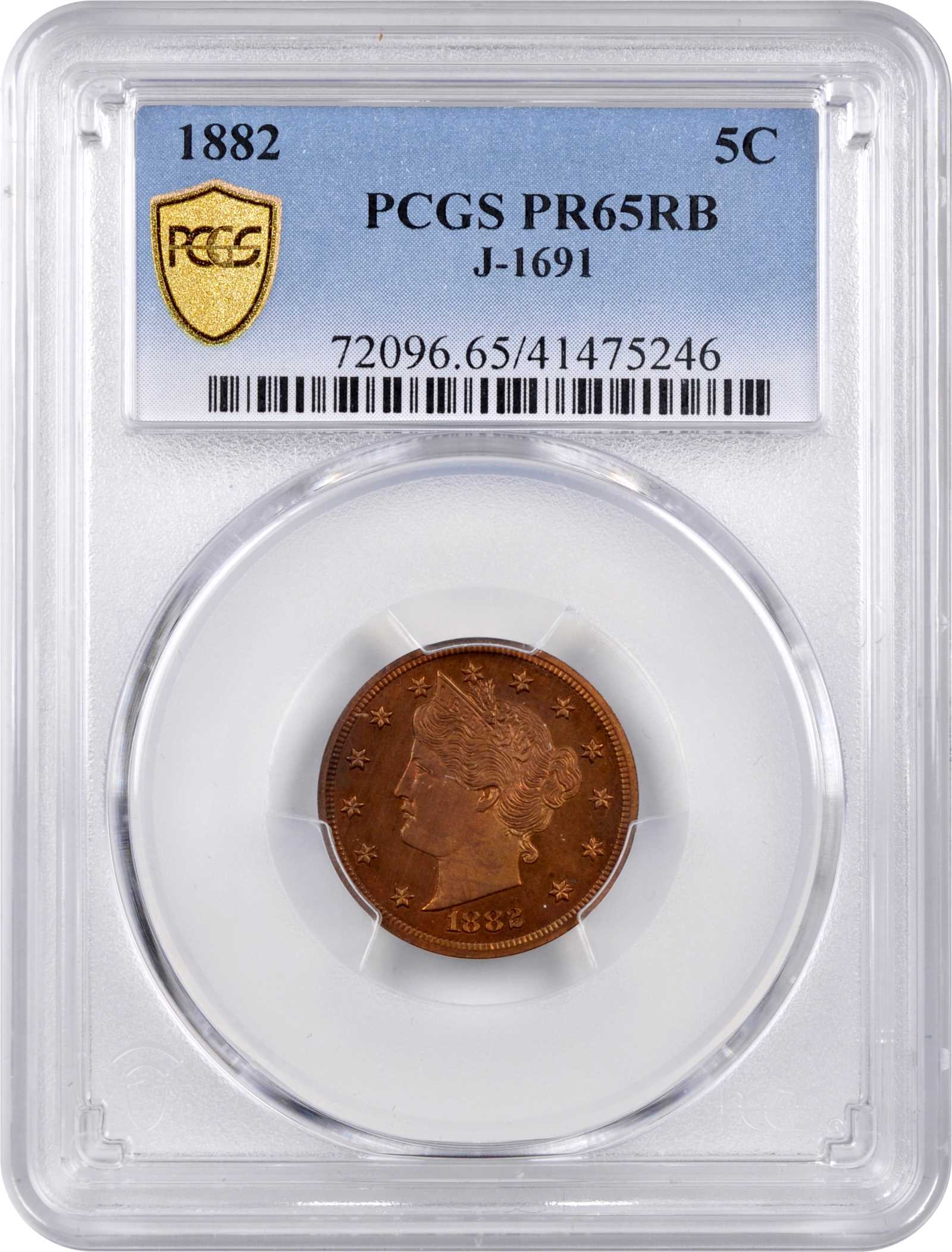 image for: 1882 Pattern Liberty Head Nickel. Judd-1691, Pollock-1893. Rarity-6+. Copper. Plain Edge. Proof-65 RB (PCGS).