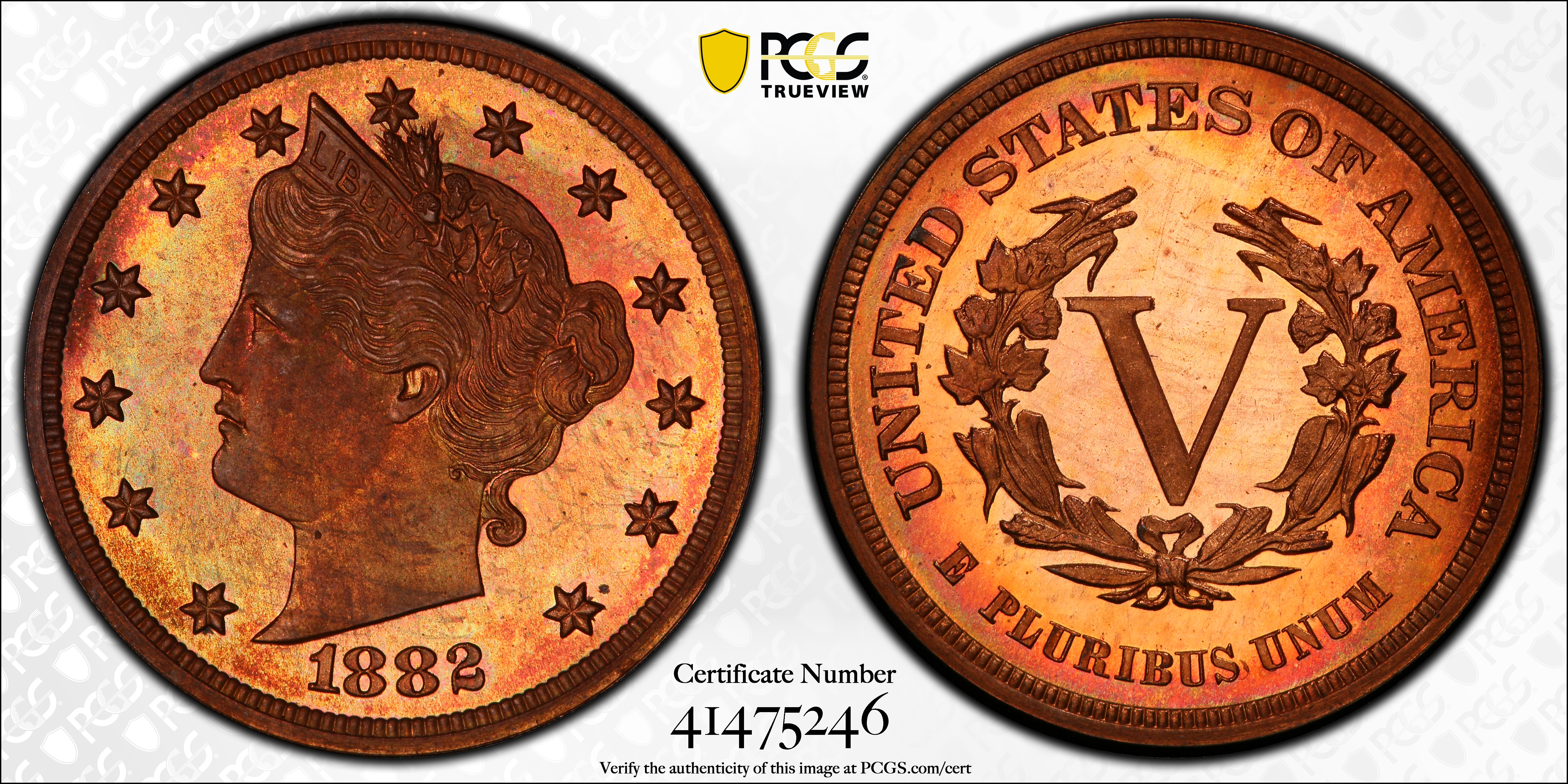 image for: 1882 Pattern Liberty Head Nickel. Judd-1691, Pollock-1893. Rarity-6+. Copper. Plain Edge. Proof-65 RB (PCGS).