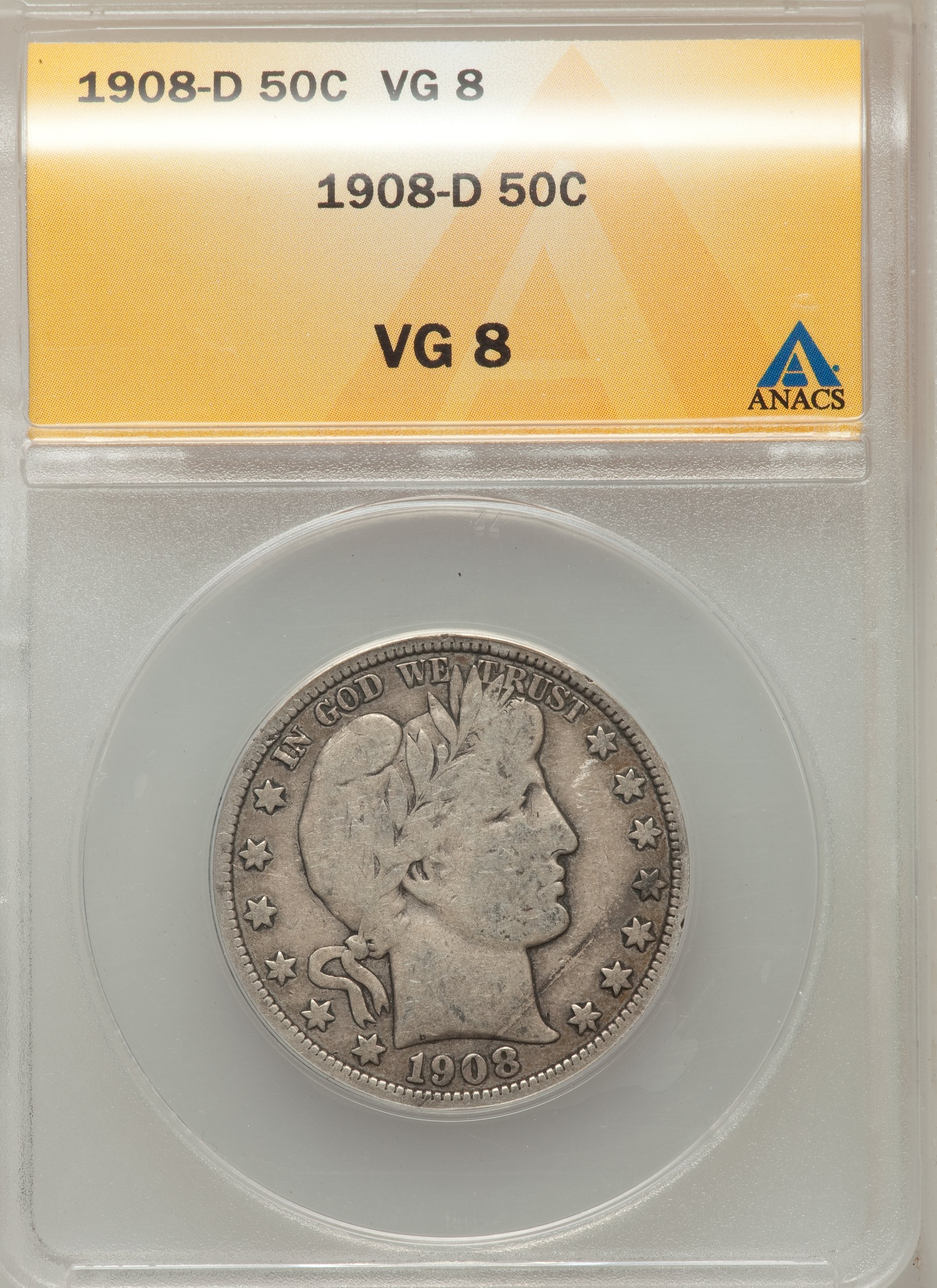 1908-D 50C VG8 ANACS. NGC Census: (4/246). PCGS Population (9/413). Mintage: 3,280,000. Numismedia Wsl. Price for problem f...