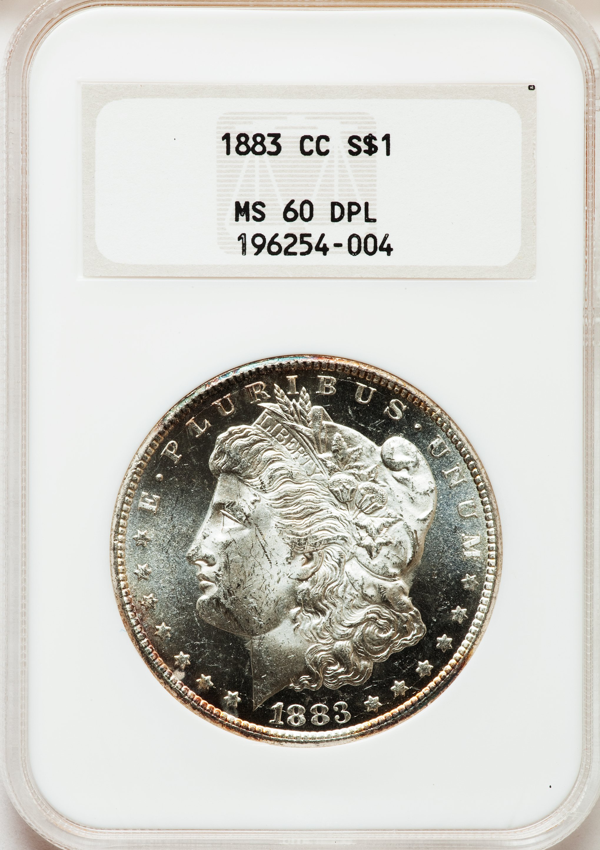 1883-CC $1 MS60 Deep Mirror Prooflike NGC. NGC Census: (4/1253). PCGS Population (8/3376). Numismedia Wsl. Price for probl...