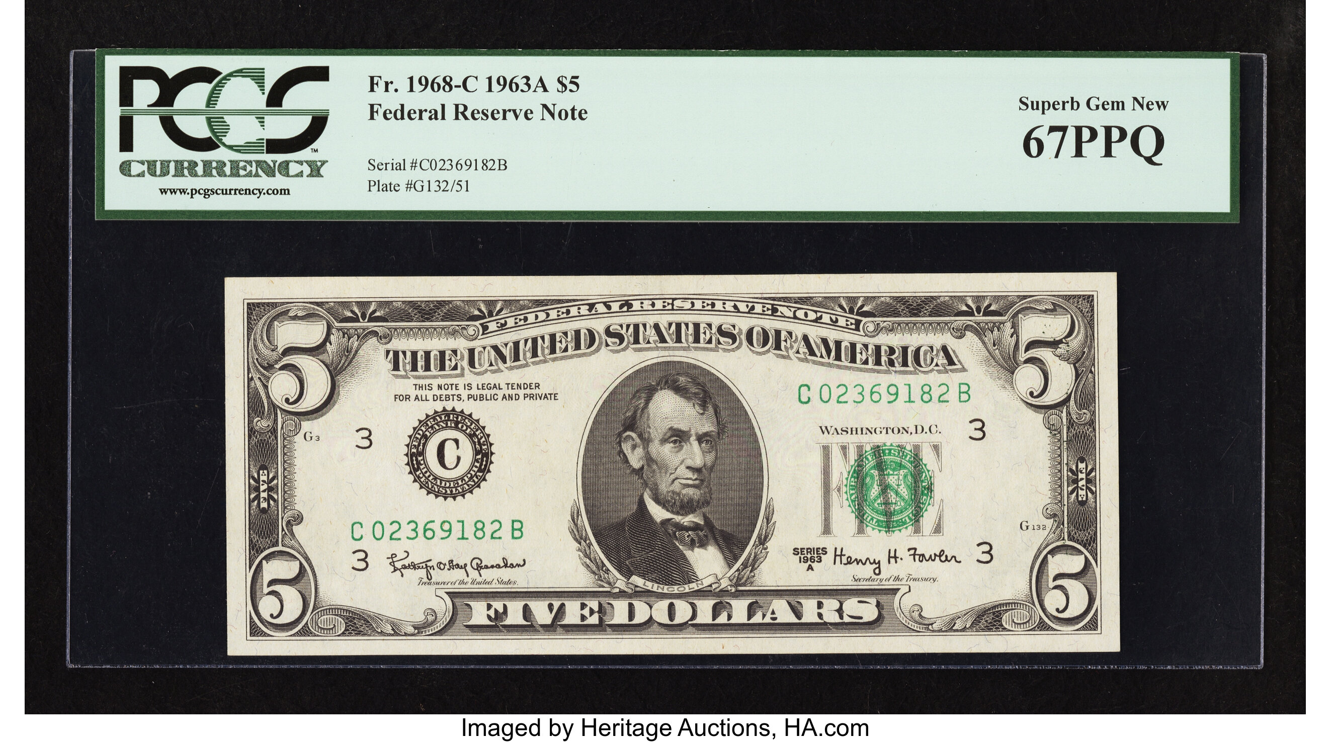 image for: Fr. 1968-C $5 1963A Federal Reserve Note. PCGS Superb Gem New 67PPQ....