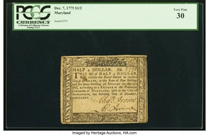 image for: Maryland December 7, 1775 $1/2 PCGS Very Fine 30....