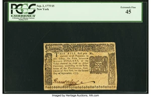 image for: New York September 2, 1775 $5 PCGS Extremely Fine 45....