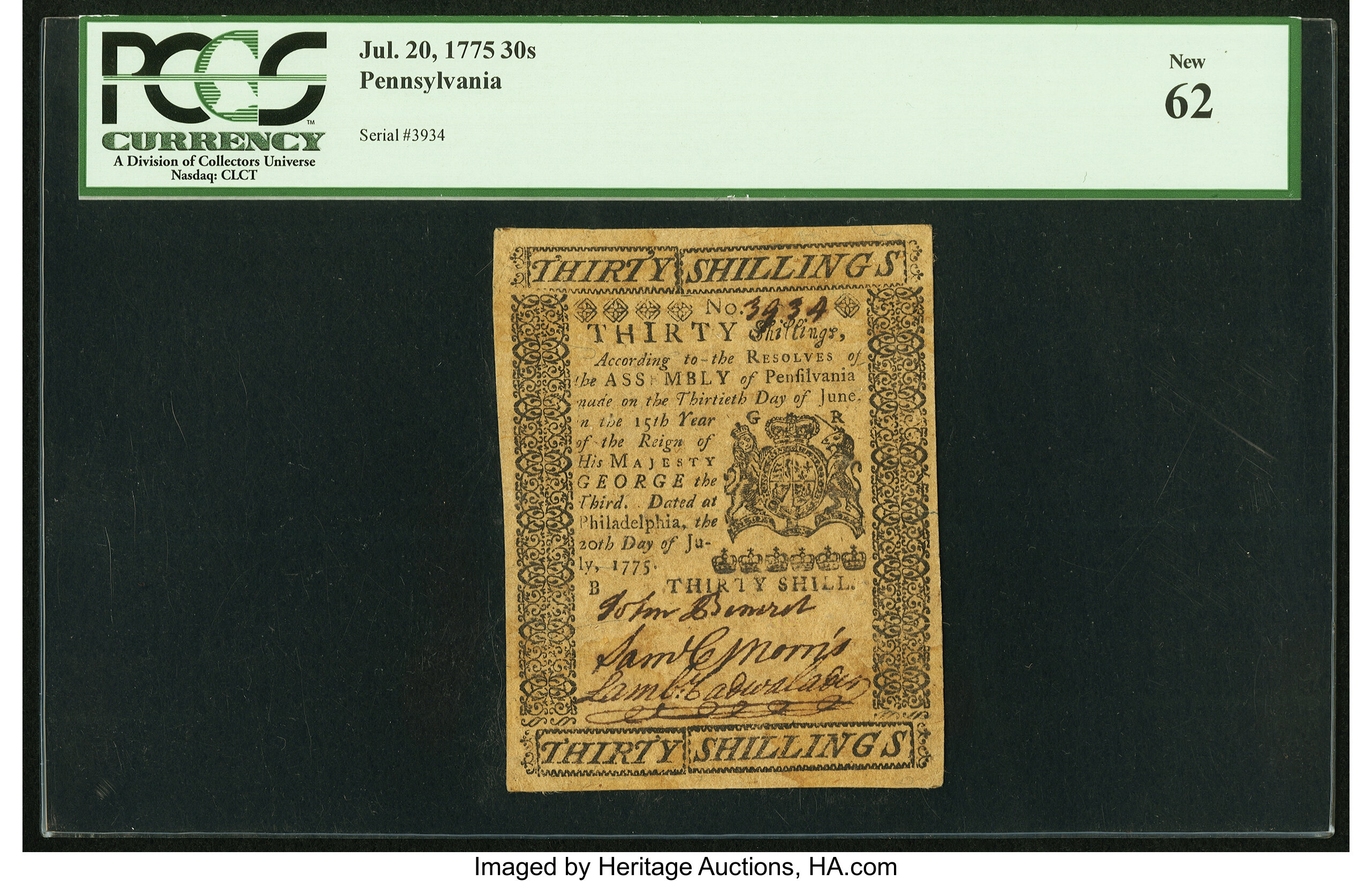 image for: Pennsylvania July 20, 1775 30s PCGS New 62....