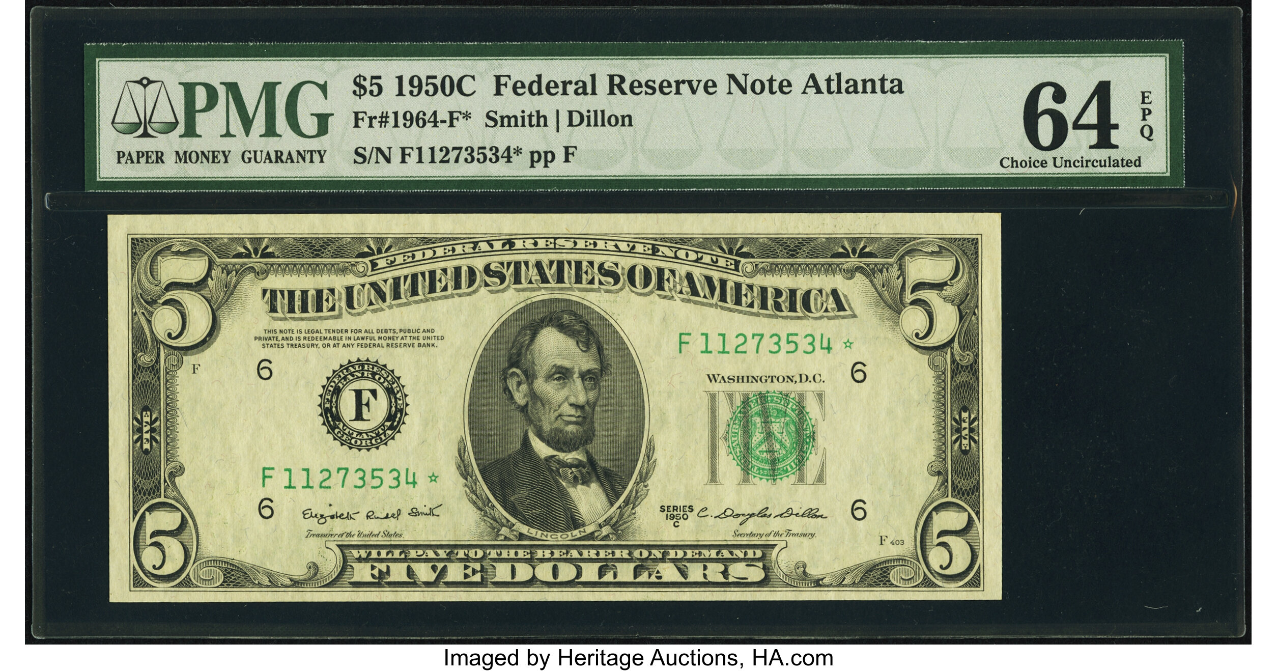 image for: Fr. 1964-F* $5 1950C Federal Reserve Note. PMG Choice Uncirculated 64 EPQ....