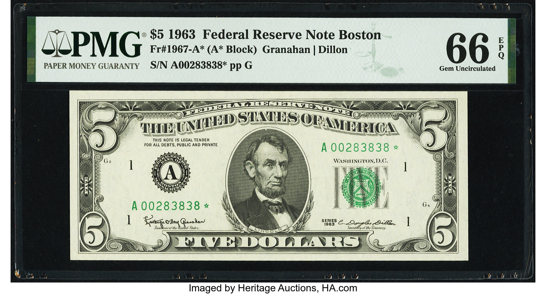 image for: Fr. 1967-A* $5 1963 Federal Reserve Star Note. PMG Gem Uncirculated 66 EPQ....