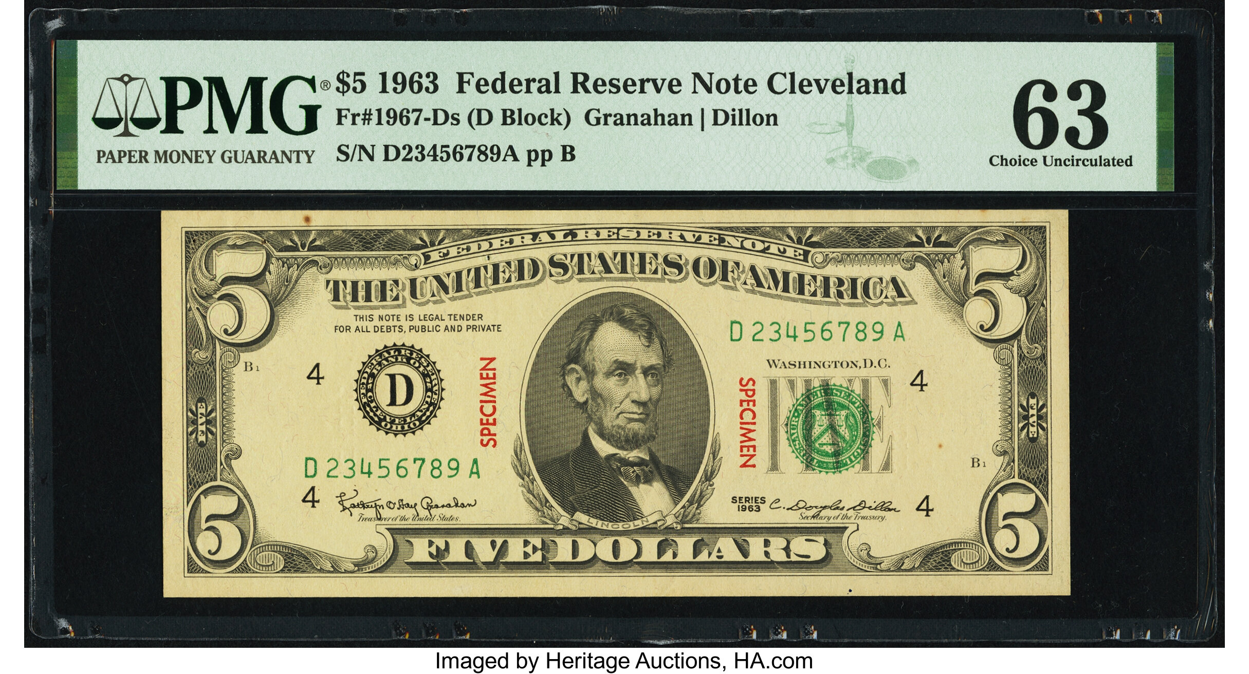 image for: Fr. 1967-D $5 1963 Specimen Federal Reserve Note. PMG Choice Uncirculated 63....