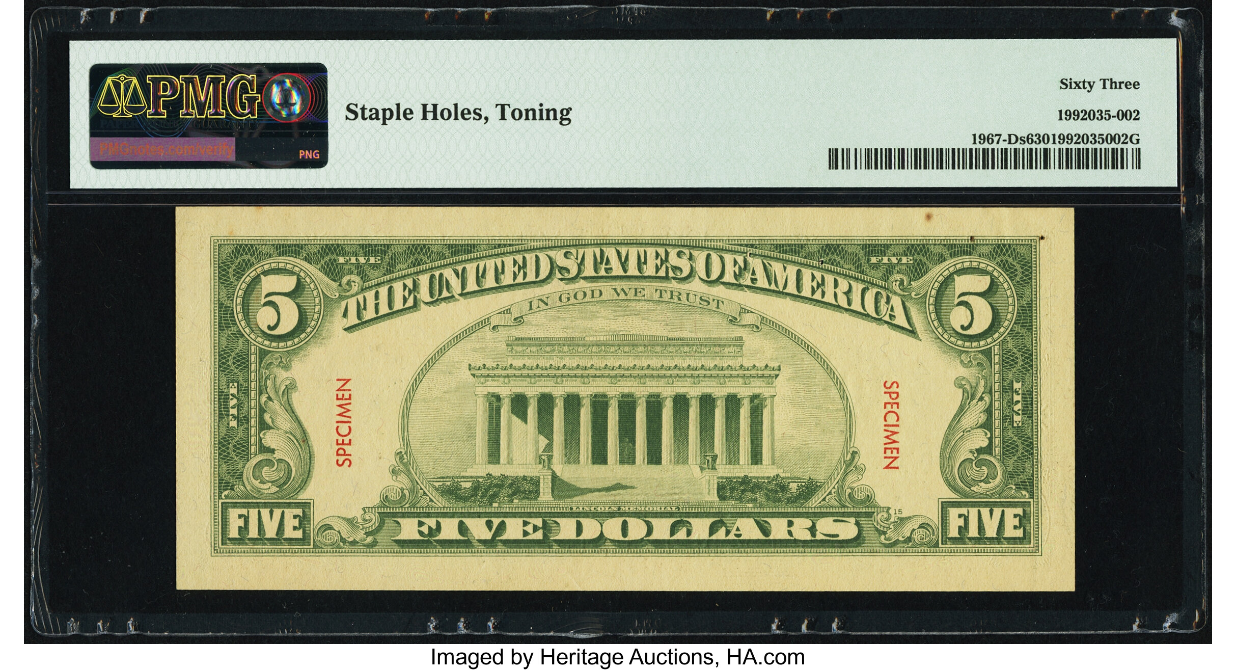 image for: Fr. 1967-D $5 1963 Specimen Federal Reserve Note. PMG Choice Uncirculated 63....