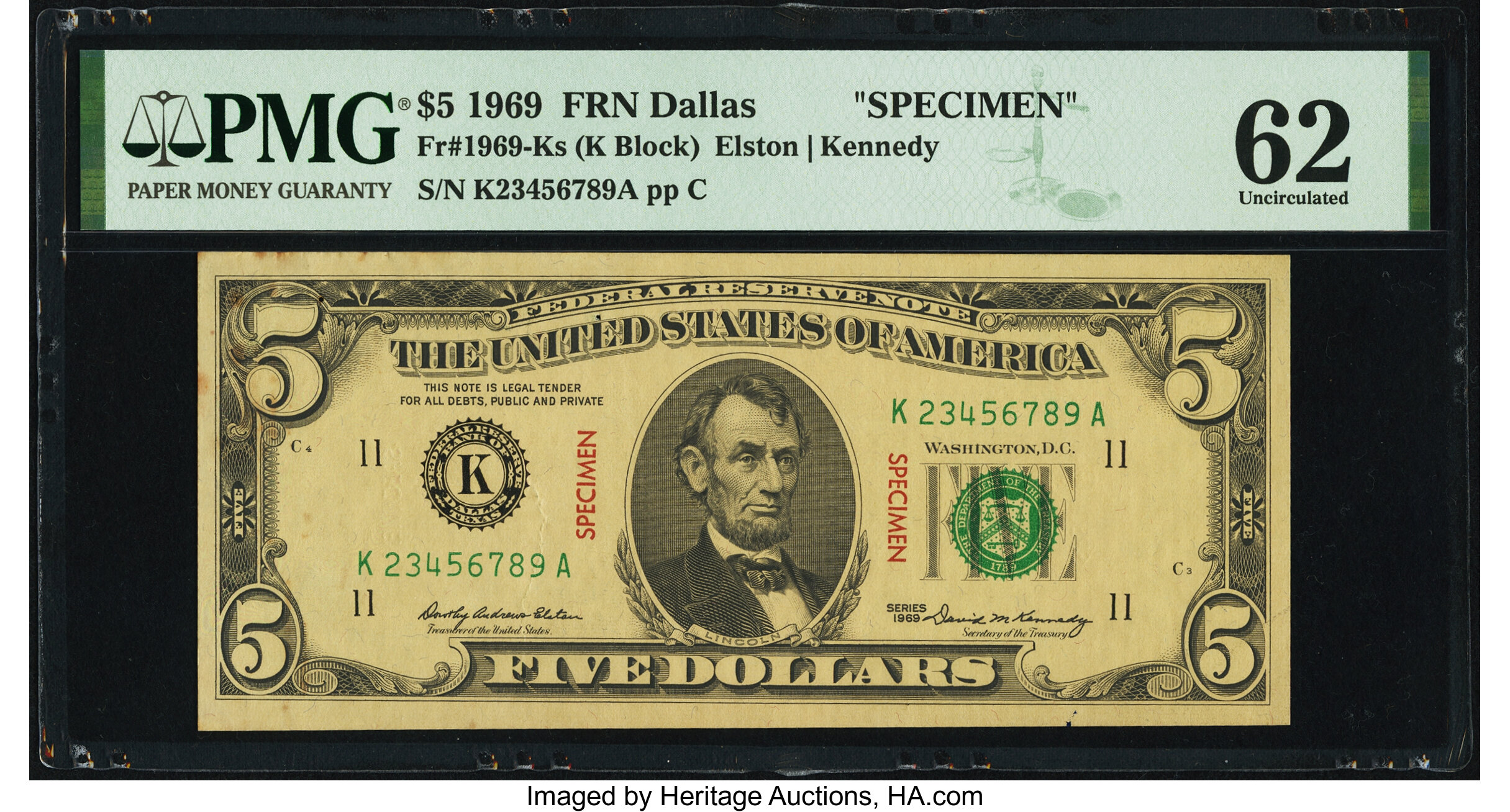 image for: Fr. 1969-K $5 1969 Specimen Federal Reserve Note. PMG Uncirculated 62....