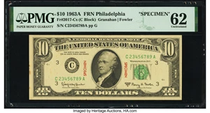 image for: Fr. 2017-C $10 1963A Specimen Federal Reserve Note. PMG Uncirculated 62....