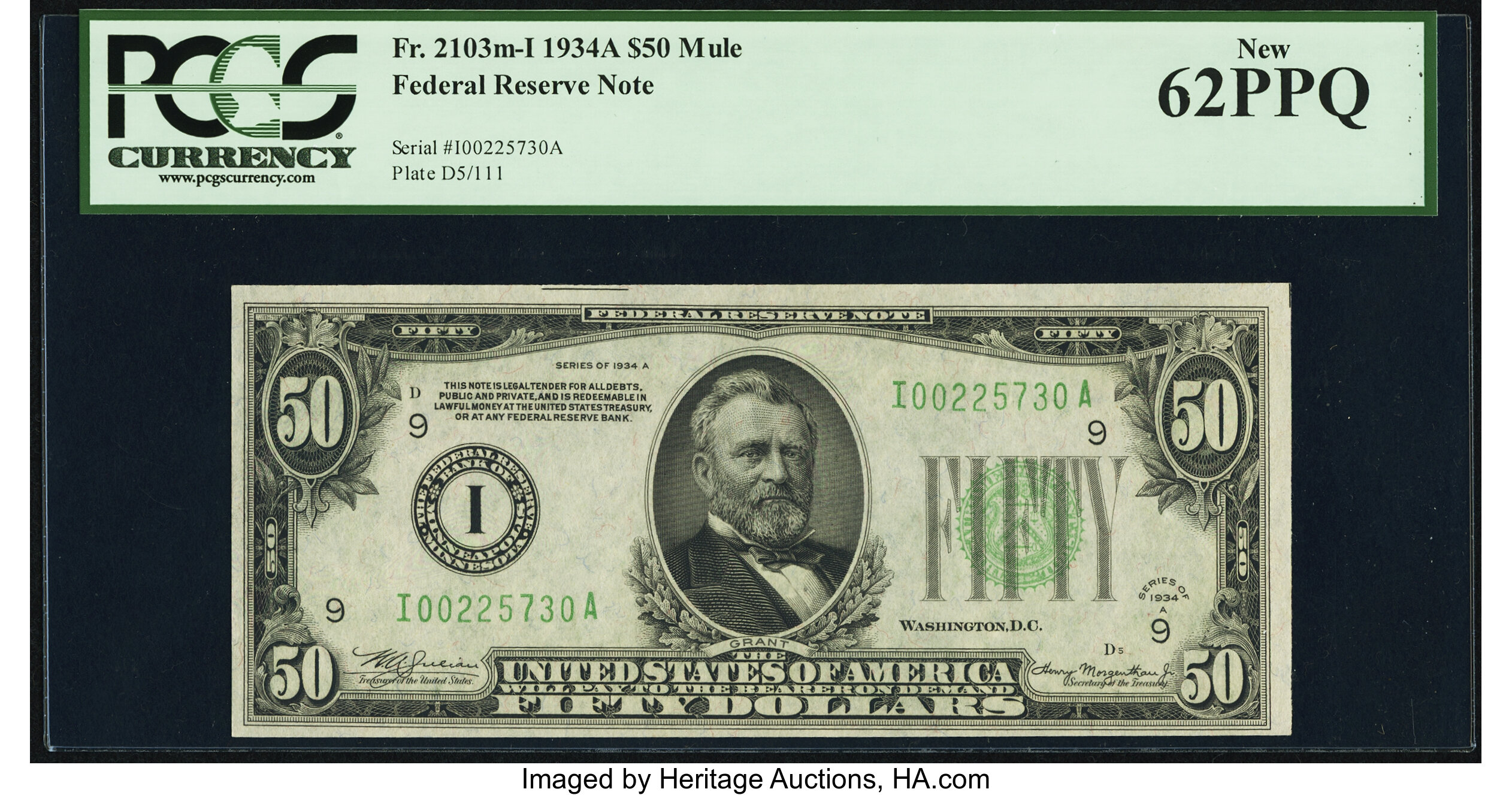image for: Fr. 2103-I $50 1934A Mule Federal Reserve Note. PCGS New 62PPQ....