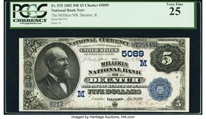 image for: Decatur, IL - $5 1882 Date Back Fr. 535 The Millikin National Bank Ch. # (M)5089 PCGS Very Fine 25....