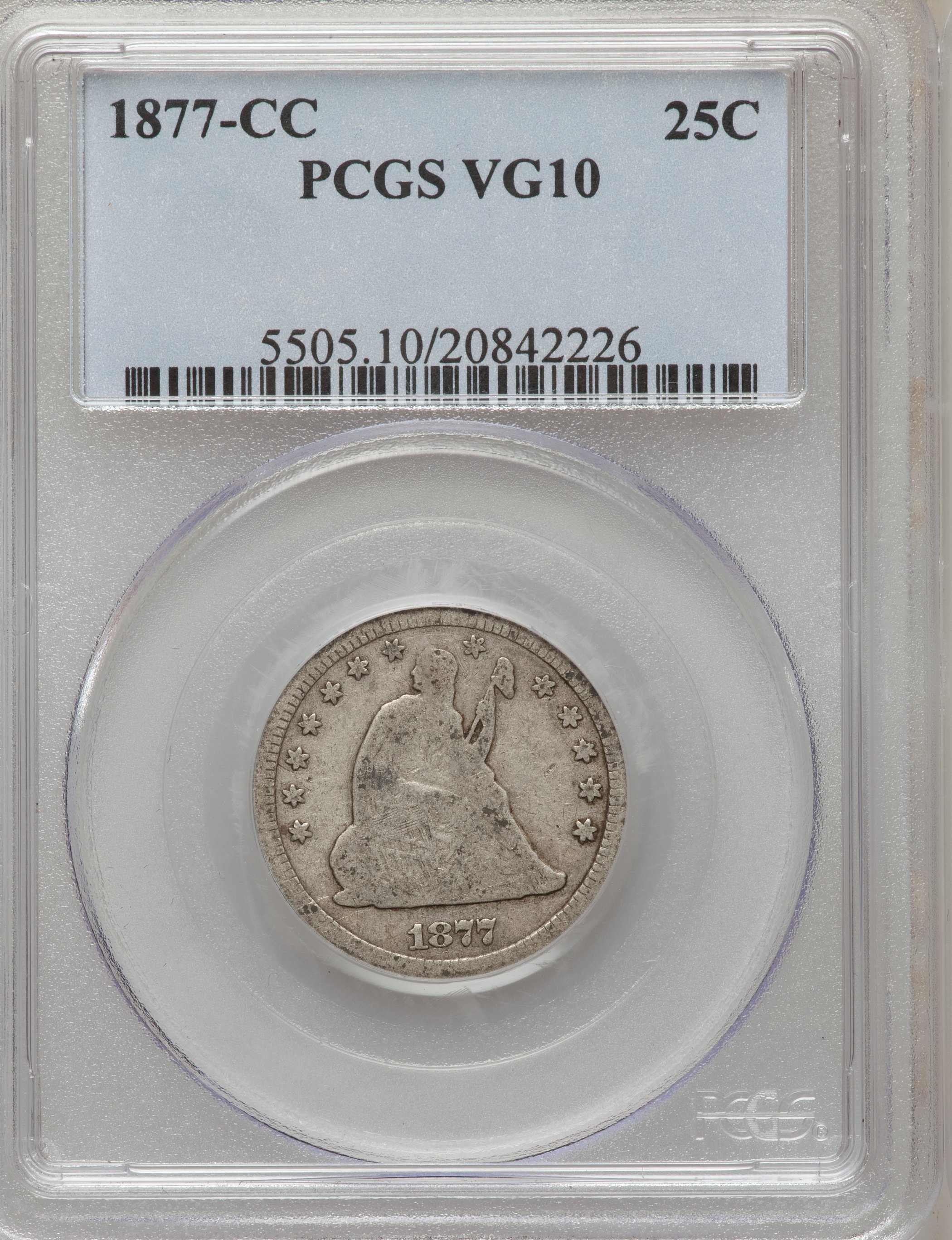 1877-CC 25C VG10 PCGS. PCGS Population (14/523). NGC Census: (2/399). Mintage: 4,192,000. Numismedia Wsl. Price for problem...